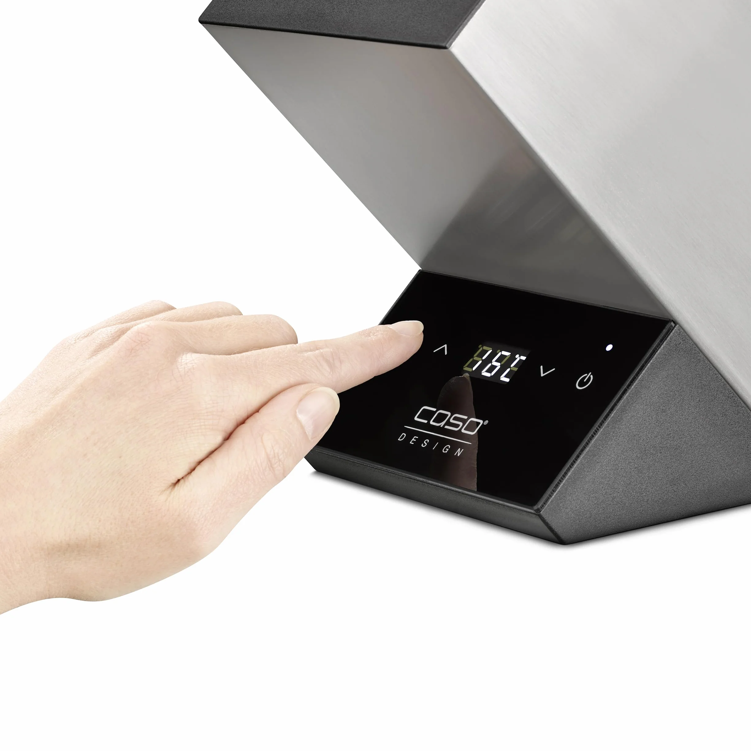 CASO WineCase One Inox - designerska chłodziarka do wina na jedną butelkę, zakres temperatur od 5 do 18°C, do butelek o średnicy do 9 cm, obsługa czujnikowa, obudowa ze stali nierdzewnej, mała