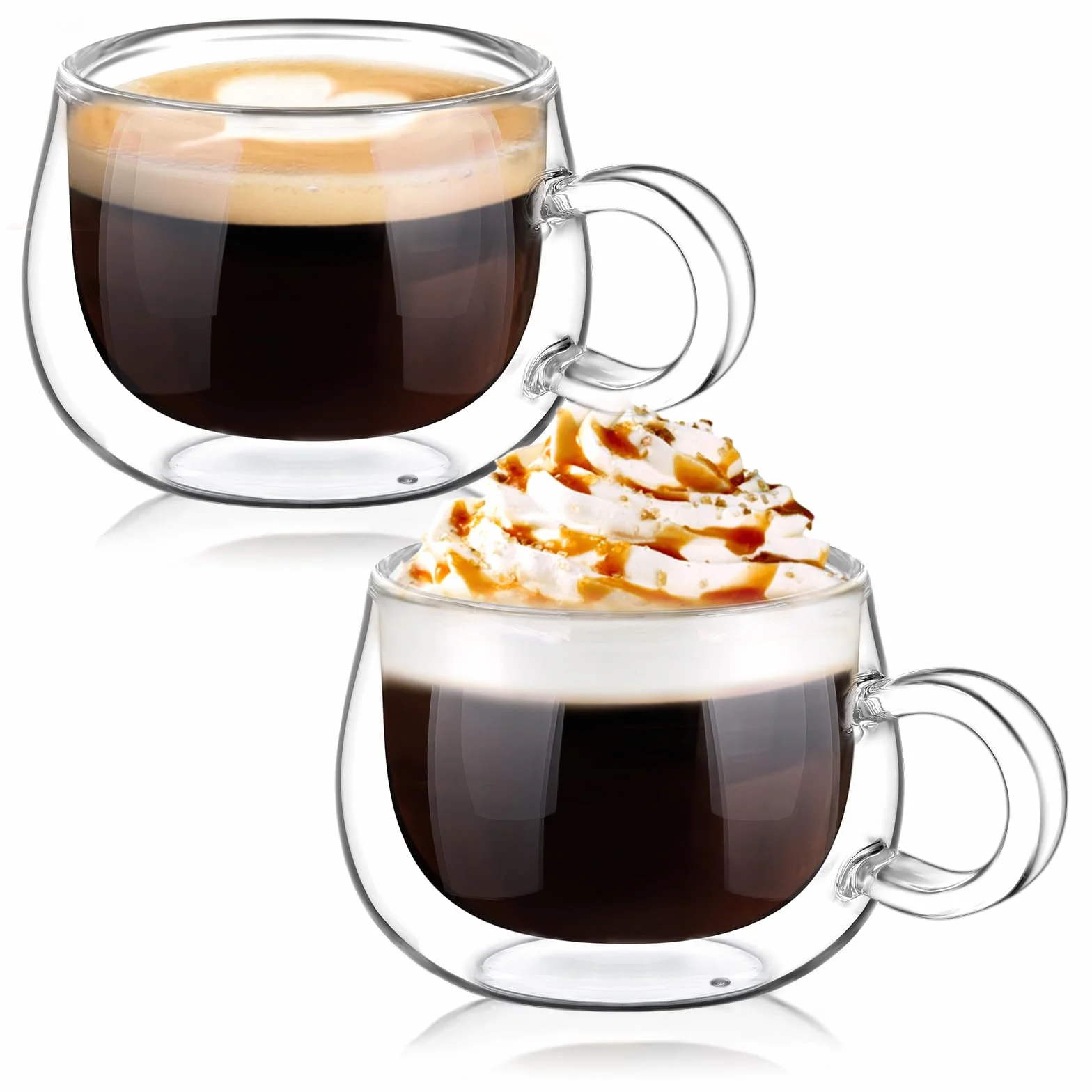 glastal Filiżanki do espresso, dwuścienne szklanki do espresso, zestaw 2 sztuk, 120 ml, szkło borokrzemowe, filiżanki do kawy, szklanki do herbaty, zestaw z uchem, do macchiato, latte, herbaty, lodu, mleka