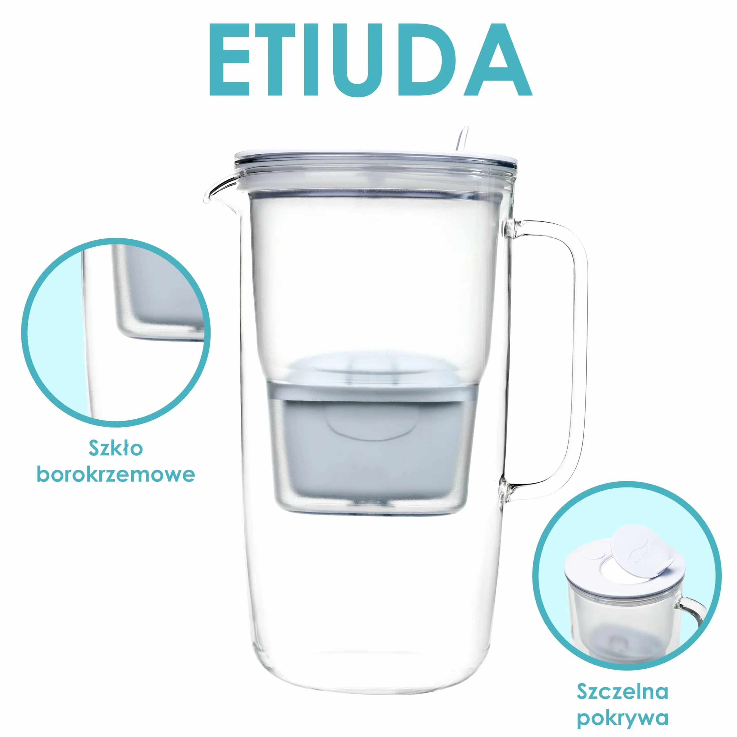 Aqualogis Etiuda 2.9L | Premium Szklany Dzbanek Filtrujący Wodę | z 1 Wkładem Pure+ | Biały | Redukuje nieprzyjemny zapach i smak