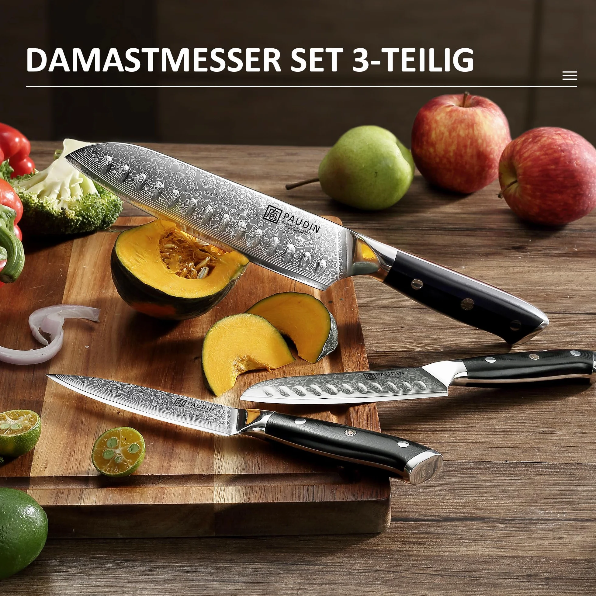 PAUDIN Zestaw noży damasceńskich 3 sztuki, zestaw noży kuchennych z adamaszku, ultra ostry nóż santoku, nóż kuchenny, 67 warstw stali damasceńskiej z rdzeniem ze stali VG10, ergonomiczny uchwyt G10