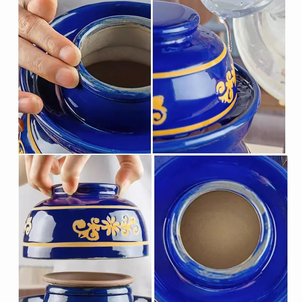 Duży ceramiczny słoik na marynaty z pokrywkami, niebieski tradycyjny porcelanowy słoik do marynowania, ceramiczny garnek fermentacyjny z uszczelką wodną pokrywką śluzy powietrznej, garnek z