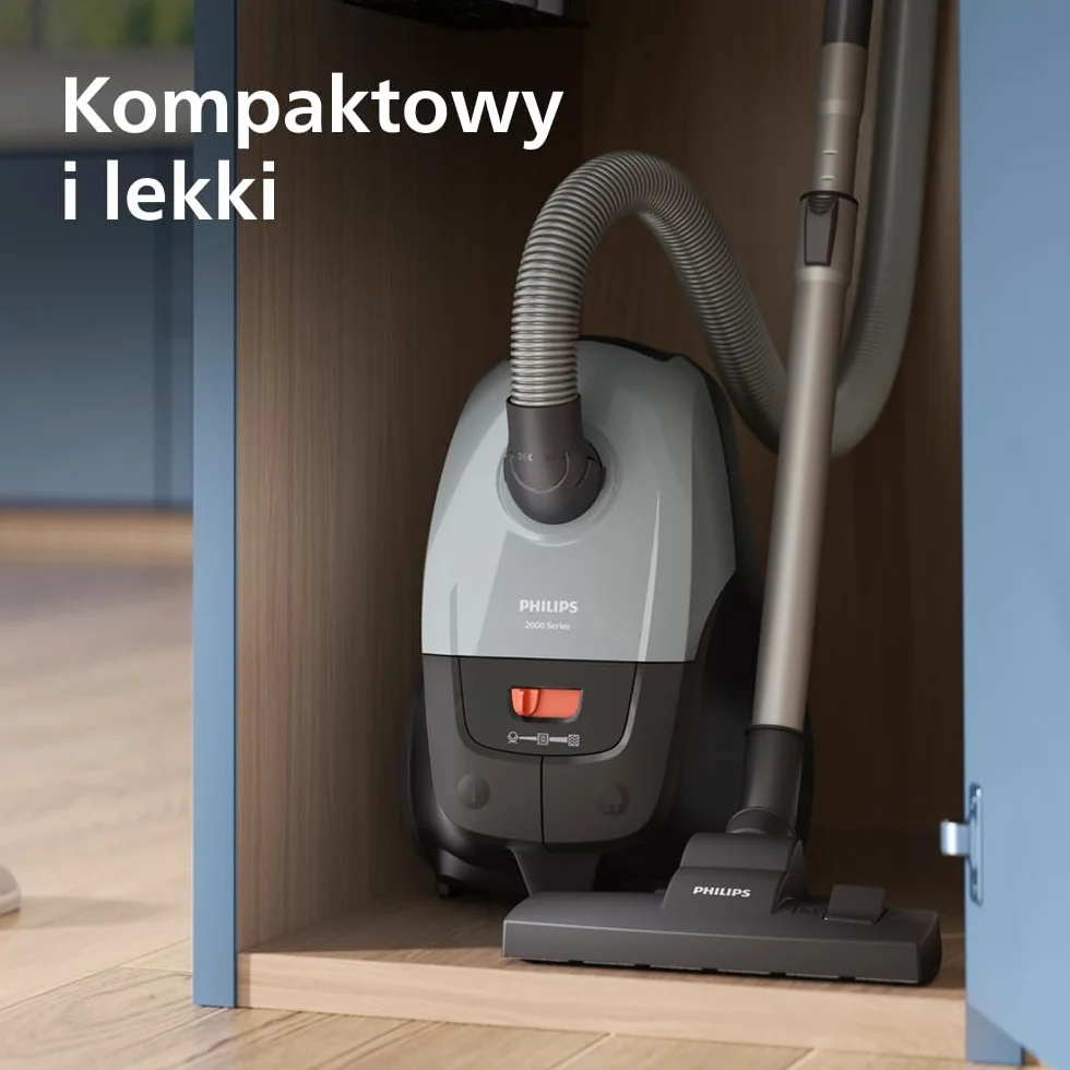 Odkurzacz workowy Philips Seria 2000 – Kompaktowy i lekki, silnik 800 W, filtr HEPA wyłapuje 99,9% kurzu, końcówka wielofunkcyjna, zasięg 9 m, duży worek na kurz (XD2142/12)