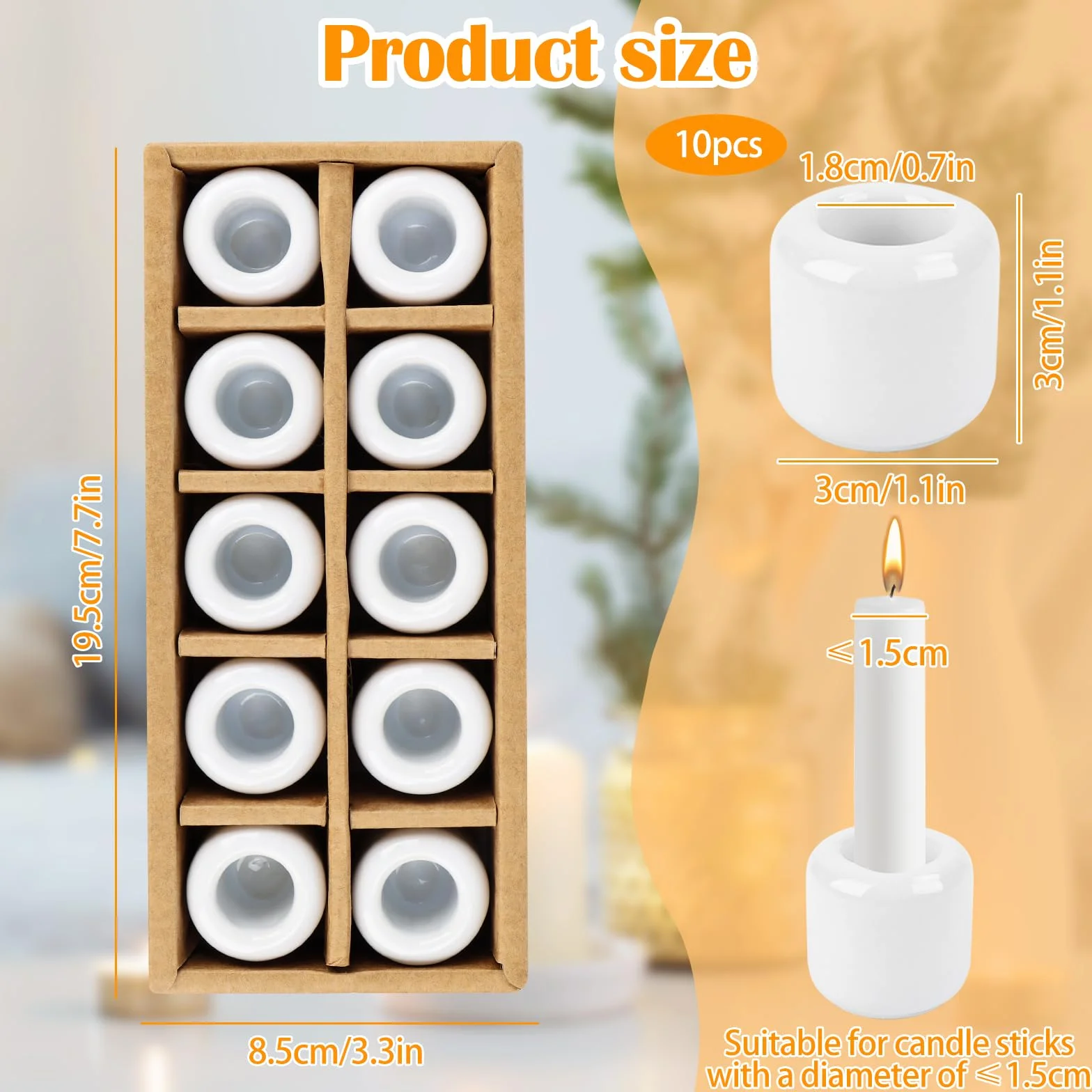 Ceramiczny świecznik na świece, świece prętowe, białe, 10 sztuk, 1,8 cm otwór, mini świecznik, nadaje się do ceremonii ołtarza, oświetlenie świec, dekoracja wnętrz (biały)