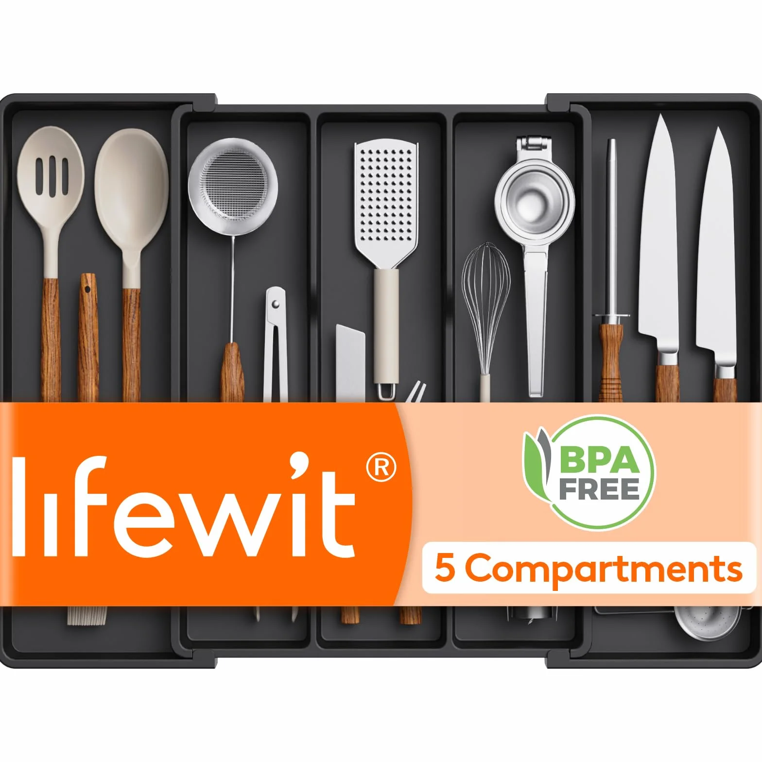 Lifewit Pojemnik na sztućce do szuflad, uchwyt na przybory kuchenne, głębokość 47 cm, organizer do szuflad, możliwość rozszerzenia do 69 cm, uchwyt na przybory z tworzywa sztucznego, wkład na sztućce