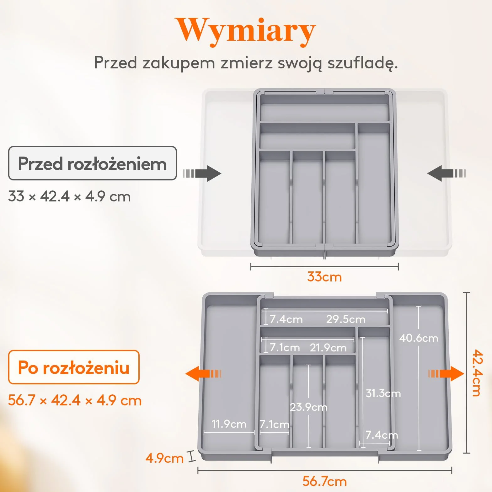 Lifewit Pojemnik na sztućce do szuflady, regulowany wkład, szerokość od 33 do 57 cm, głębokość 42,4 cm, uchwyt z tworzywa sztucznego