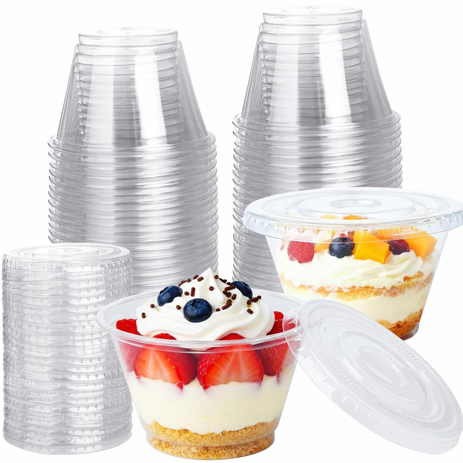 Plastikowe kubki deserowe z płaskimi pokrywkami, 200 ml, okrągły kubek deserowy z pokrywkami, bez otworu, wielokrotnego użytku, mini, przezroczysta miska do serwowania, na ciasto, mus, lody, do