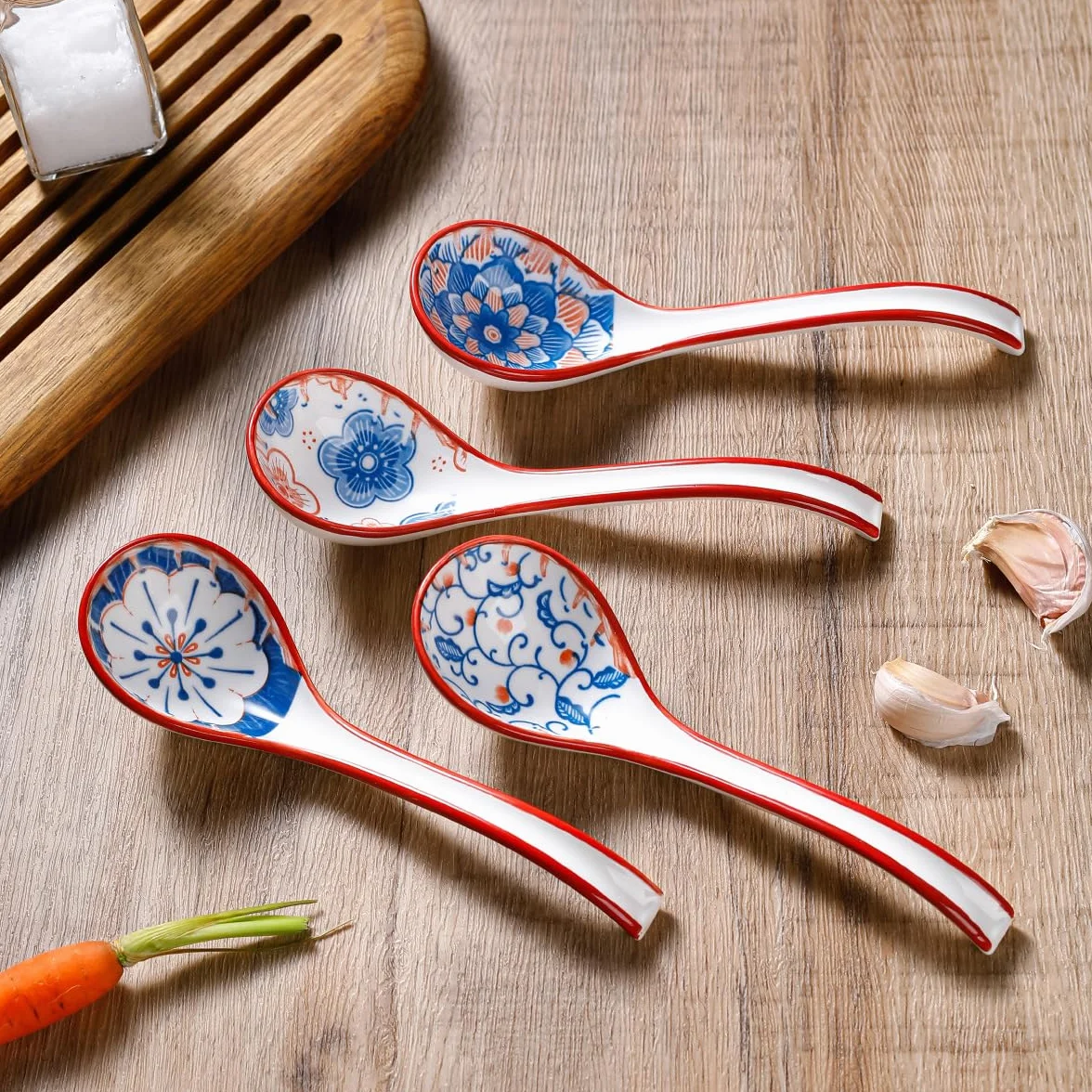 Łyżki do zup azjatyckich zestaw 4 szt., łyżki do zupy, łyżki do ramen, łyżki ceramiczne do zupy, łyżki do zupy chińskiej, łyżki do zupy z długim uchwytem do makaronu ramen pierogi wonton