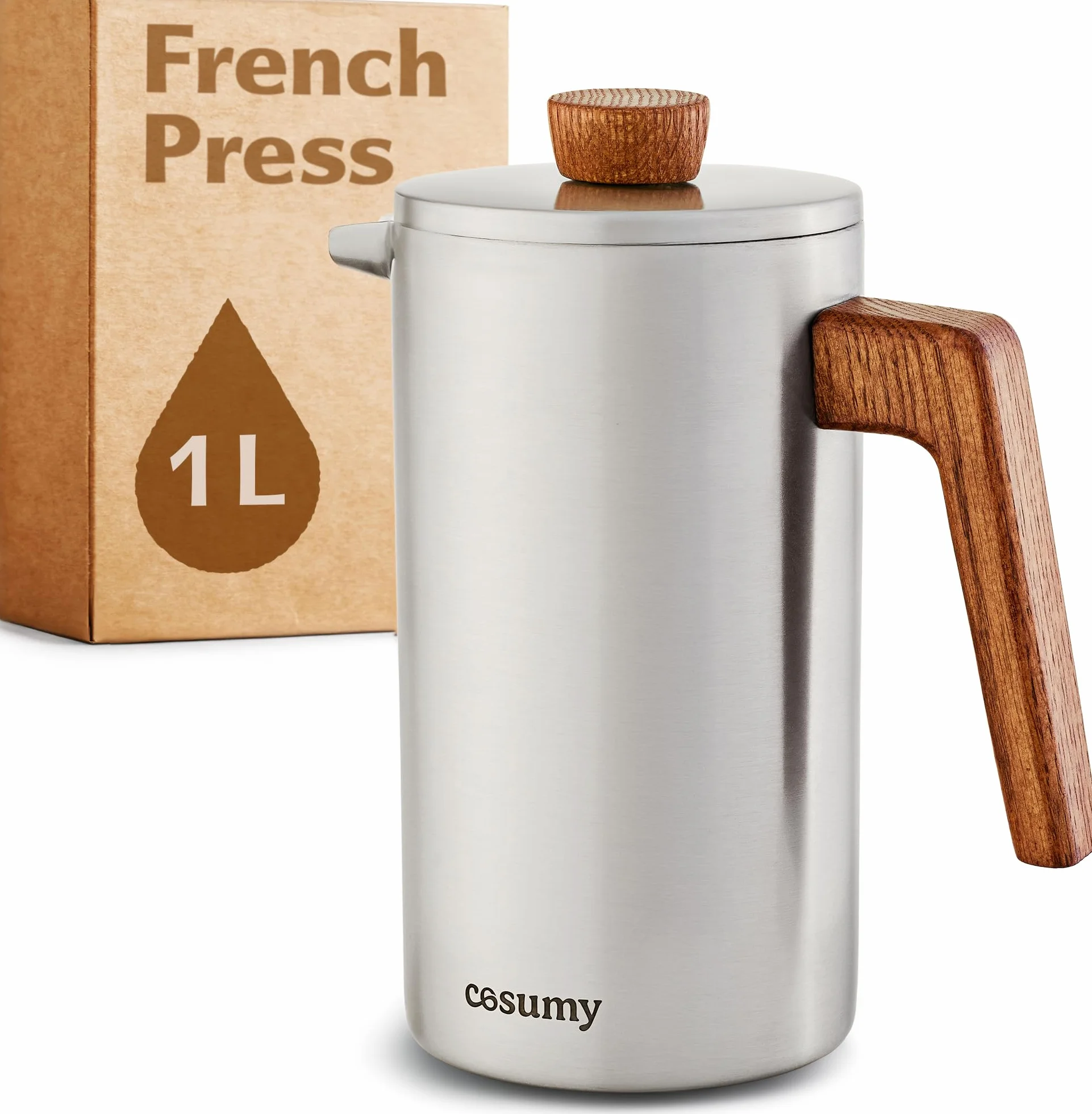 Cosumy French Press 1L wykonany ze stali nierdzewnej i trwałego drewna dębowego - Na 5 filiżanek - 2 dodatkowe filtry - Izolacja o podwójnych ściankach