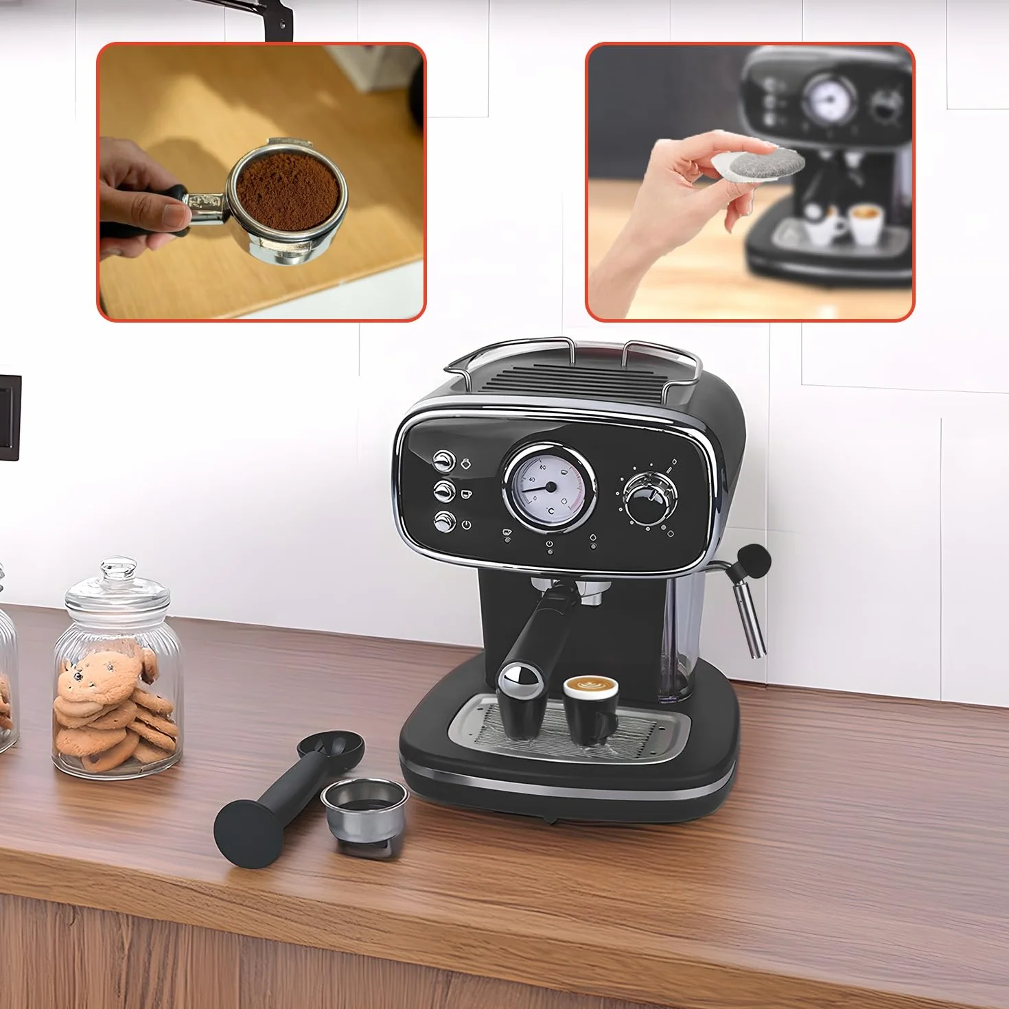 Wintem - Czarna kawa 1100 W do espresso i cappuccino z włócznią parową, kompatybilny z goframi i kawą mieloną, wyjmowany zbiornik 1,2 l, ciśnienie 15 bar