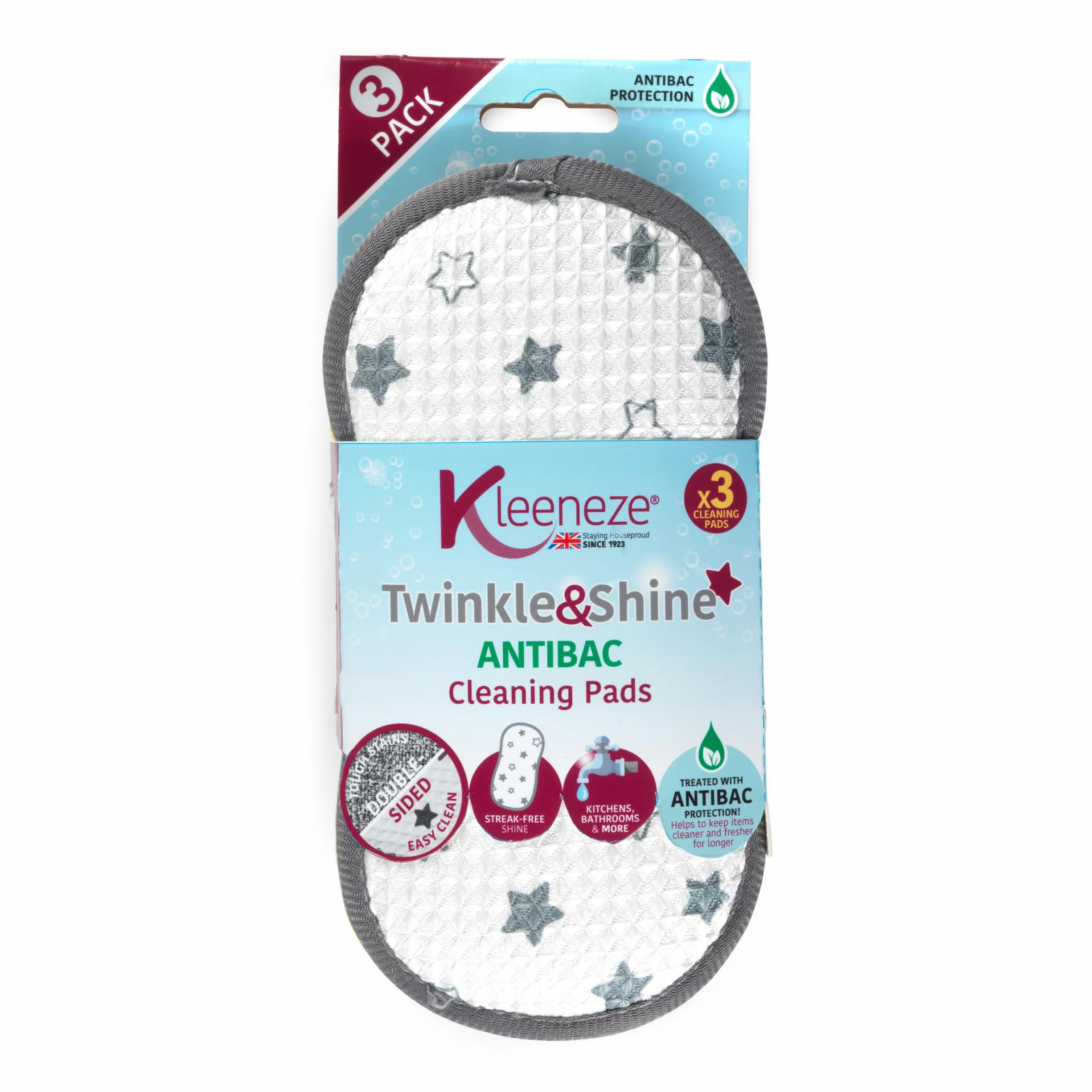 Kleeneze 3-pak antybakteryjnych podkładek czyszczących z motywem gwiazd, dwustronne gąbki do czyszczenia