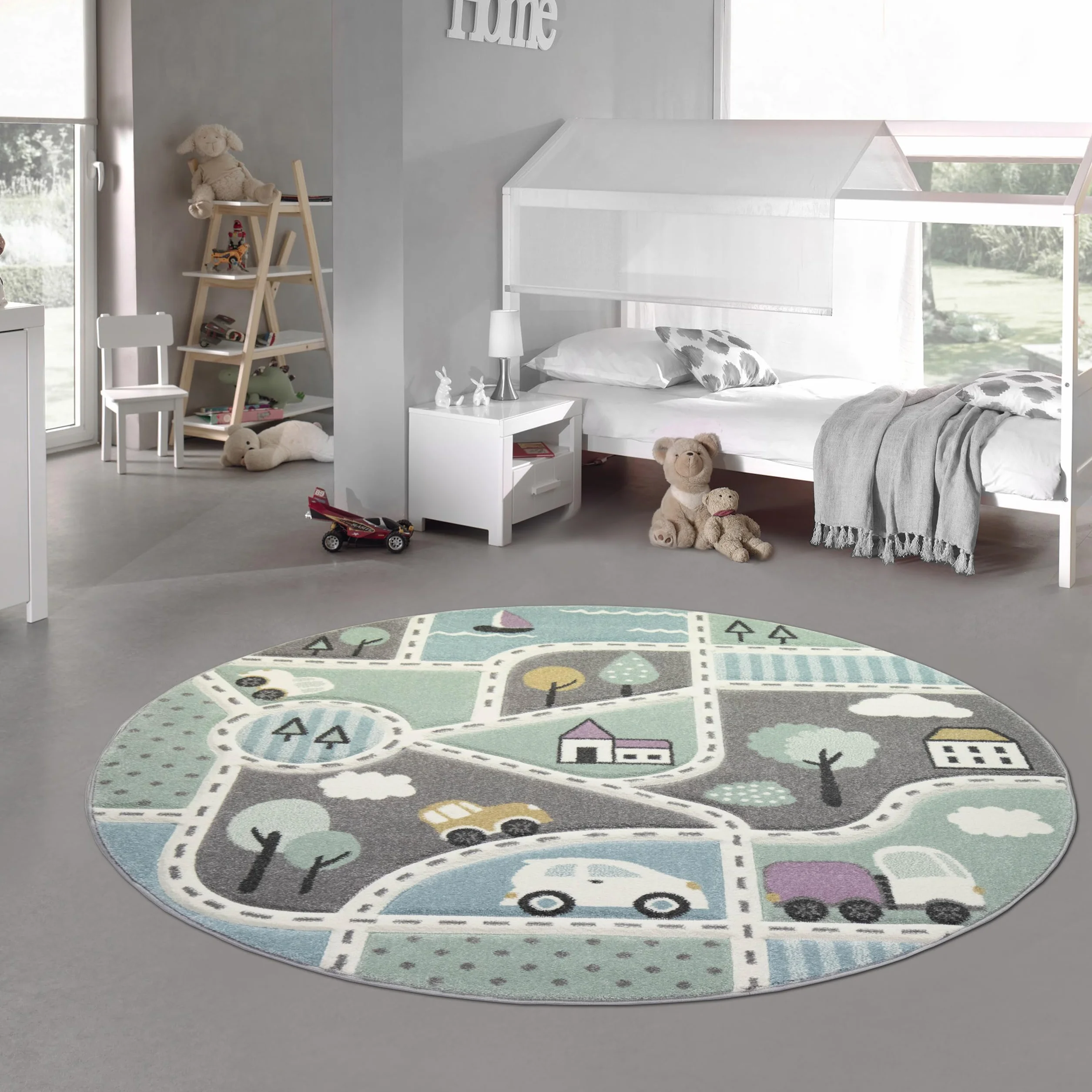 Dywan dziecięcy z motywem ulicy, dywan do nauki dla chłopców, z ulicami i samochodami, niebiesko-zielony, wymiary, 120 cm okrągły