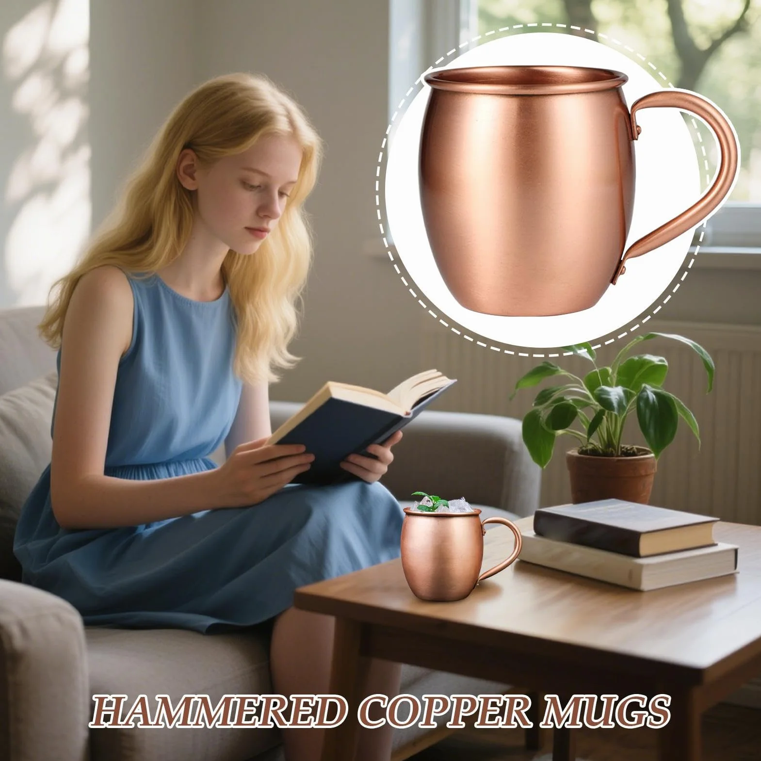 Kubki miedziane Mule - 530ml Ręcznie wykonany młotkowany zestaw naczyń do picia | Wysokiej jakości miedziane kubki idealne do Moscow Mule, koktajli, Bożego Narodzenia, kuchni, imprez, domu lub do