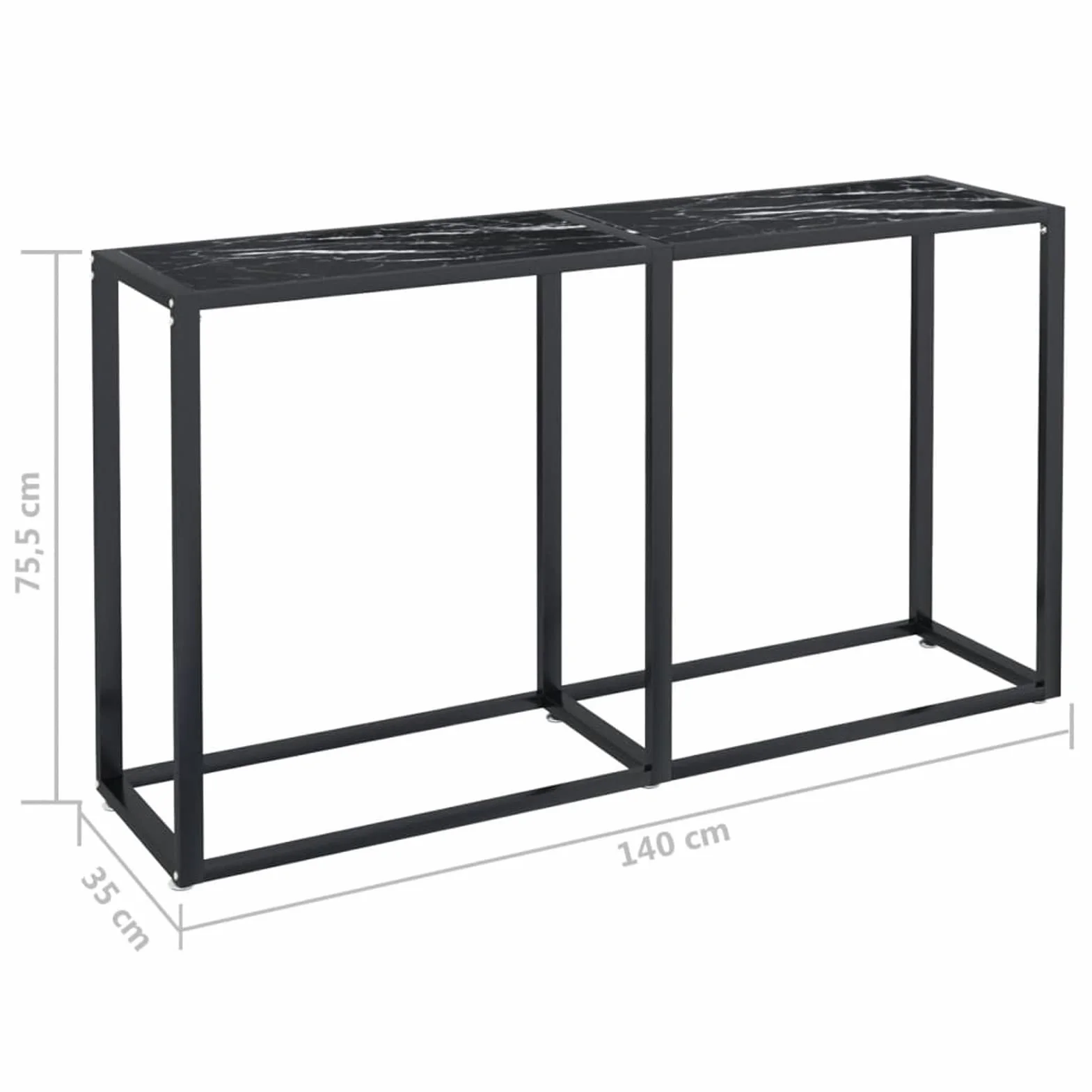 Stół konsolowy czarny marmur 140 x 35 x 75,5 cm szkło hartowane, stolik konsolowy do przedpokoju, wąski stół wejściowy z szufladą i półkami do przechowywania, stolik do sofy do małych