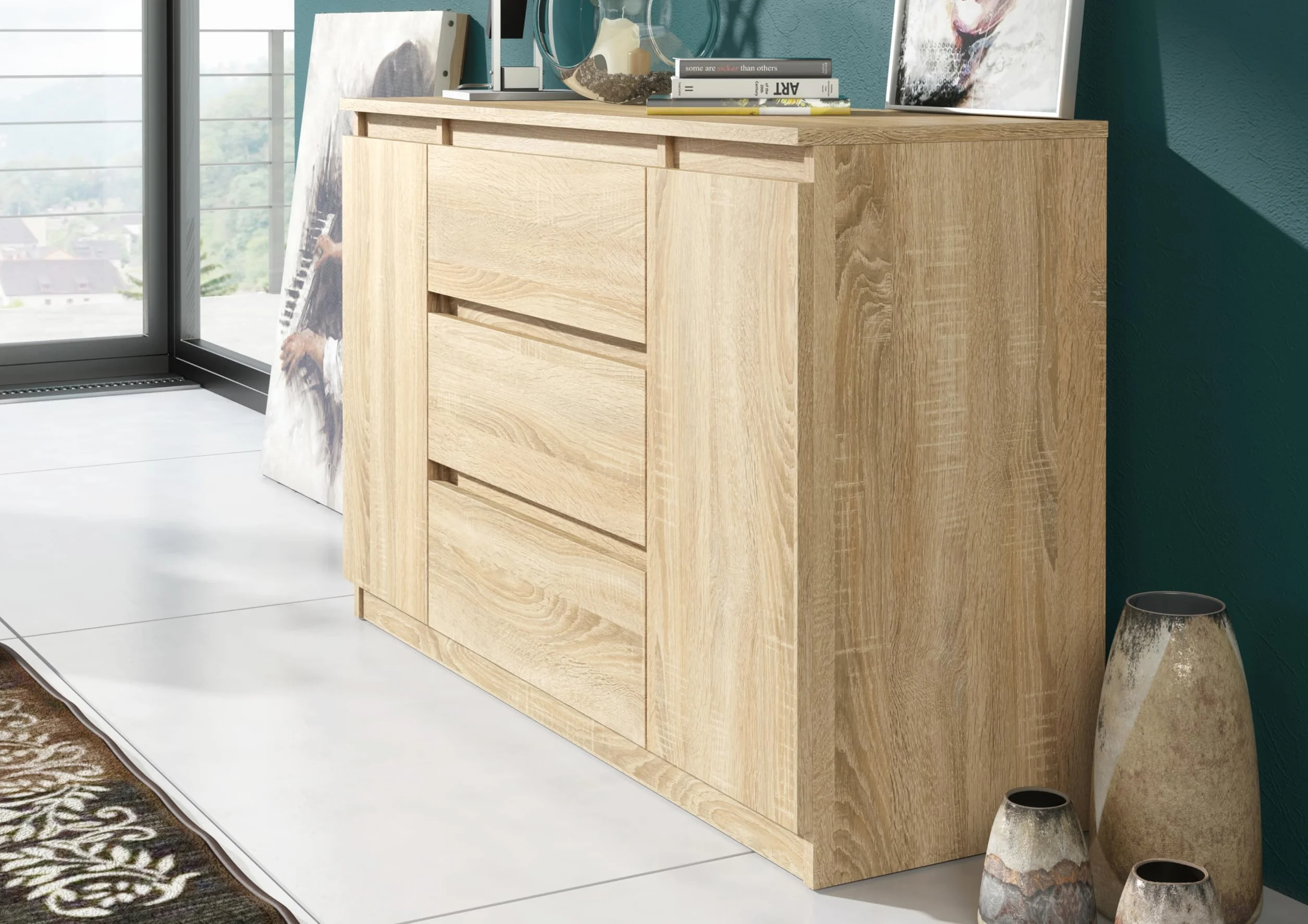 meble masztalerz Komoda Dąb Sonoma Mat z 3 szufladami i 2 drzwiami - 120,4x78,2x39 cm - Komoda do salonu, sypialni - Szafka z szufladami - Komoda z szufladami - 120 cm