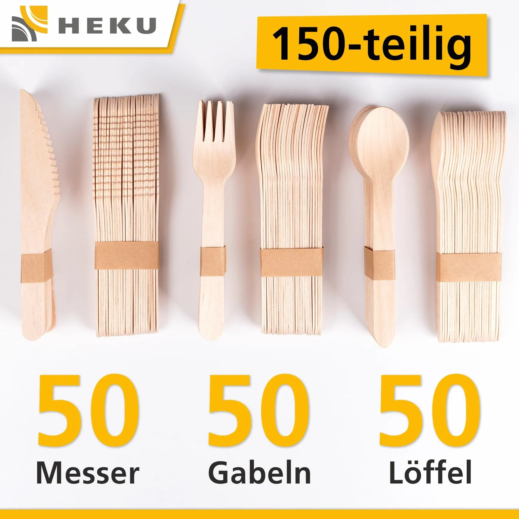 HEKU be green 150-częściowy zestaw sztućców jednorazowych z drewna brzozowego – 50 noży (16,5 cm), 50 widelców, 50 łyżek (15,7 cm), możliwość kompostowania, wyprodukowany z surowców odnawialnych i