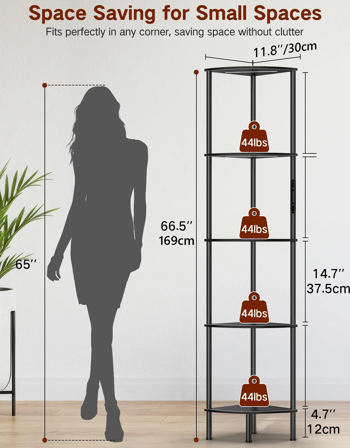 5-poziomowy narożny regał 169 cm z regulowanym oświetleniem LED, dotykowym i zdalnym sterowaniem, 3 barwy światła – wysoki, wąski regał do salonu, sypialni i małych przestrzeni