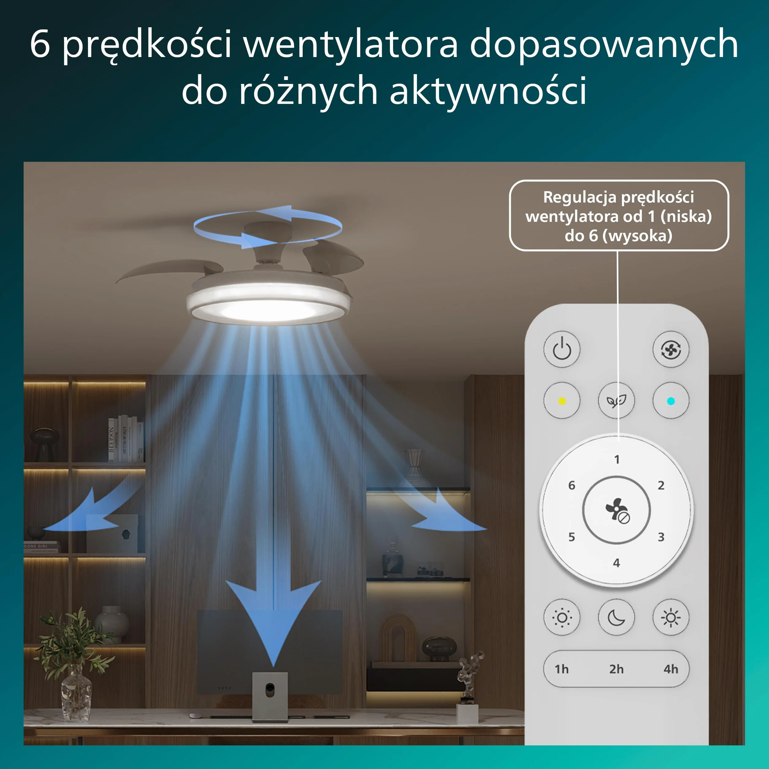 Chowany Wentylator Sufitowy Philips Bliss z Oświetleniem LED, 3 Łopatki, 106 cm, 4500 Lumenów, Regulowana Barwa 3000–6500 K, Przyciemnianie do 5%, Pilot, Biały