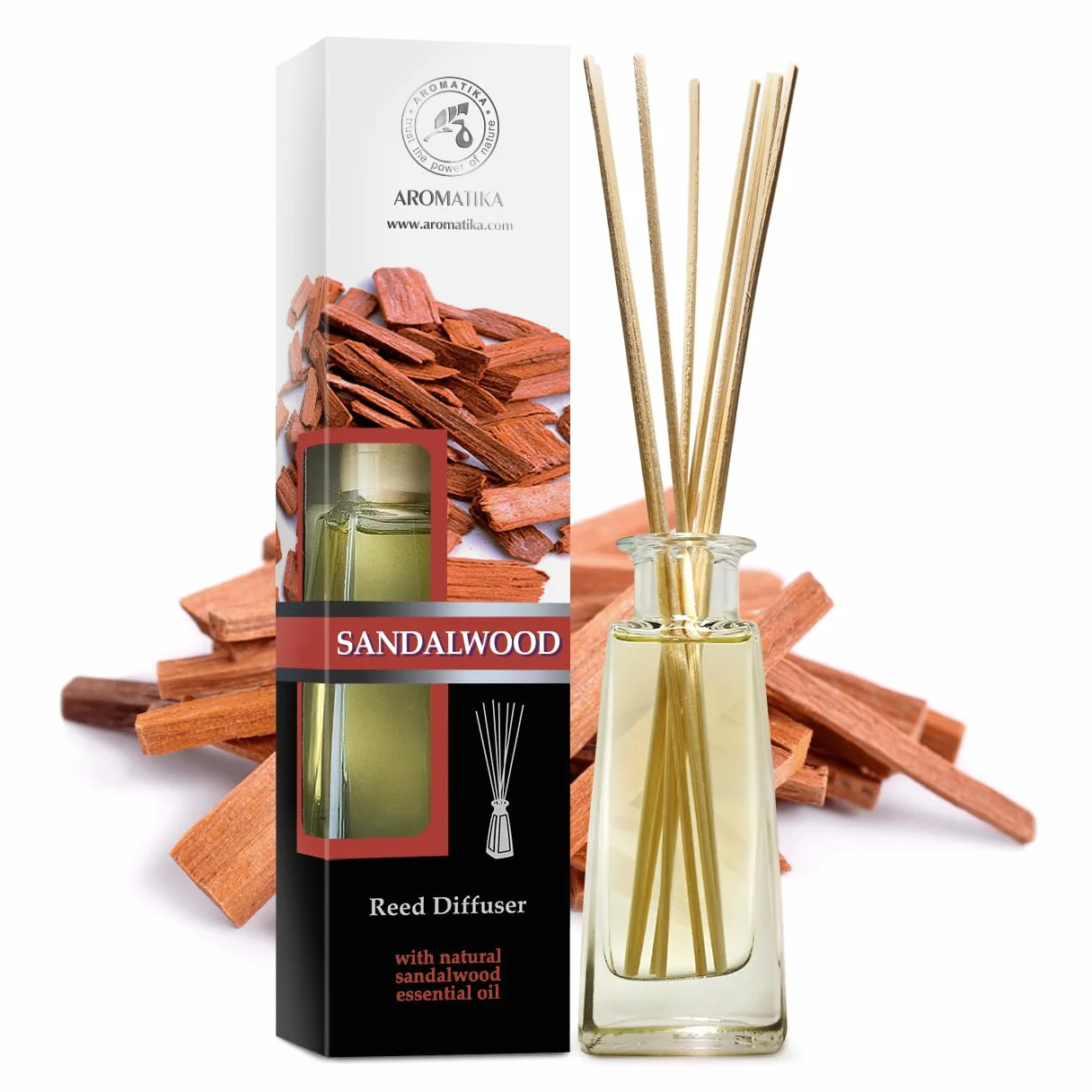 Dyfuzor Zapachowy z Patyczkami Sandał - 100 ml - Dyfuzor z Naturalnym Olejkiem z Drzewa Sandałowego - Zapach do Domu - Dyfuzory Trzcinowe - Odświeżacz z Patyczkami - Drzewo Sandałowe