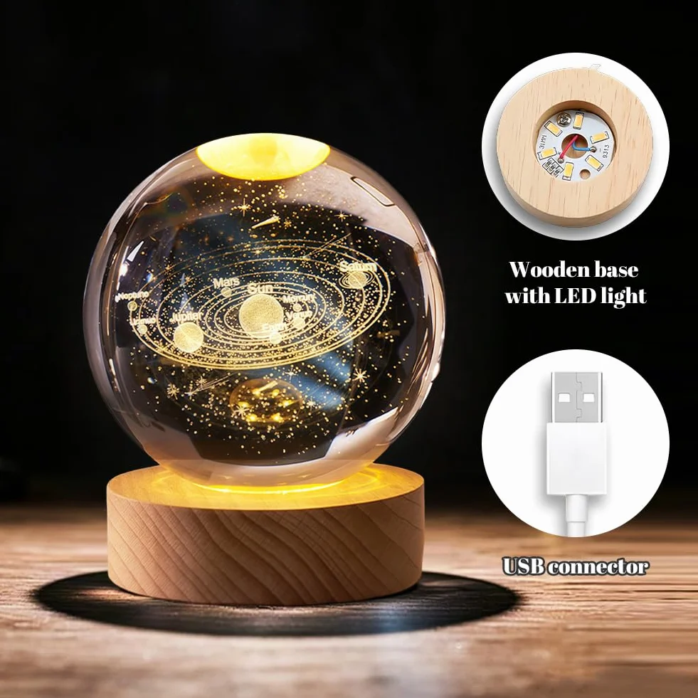 60 mm / 152 cm 3D Kula Układu Słonecznego z Kryształem, Szklana Kula Układu Słonecznego Z Laserowo Wygrawerowanym Kryształem, Lampa Kryształowa Układu Słonecznego, Prezenty w Tematyce Układu
