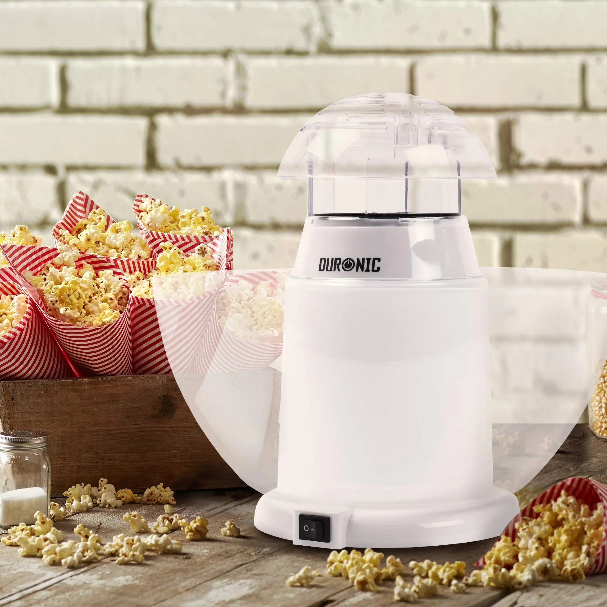 Duronic POP50 WE Maszyna do popcornu automat 1200W z wyjmowaną misą bezolejowa | do prażenia ziaren kukurydzy bez tłuszczu | pojemność: 50g ziaren | niskokaloryczna przekąska | na gorące powietrze