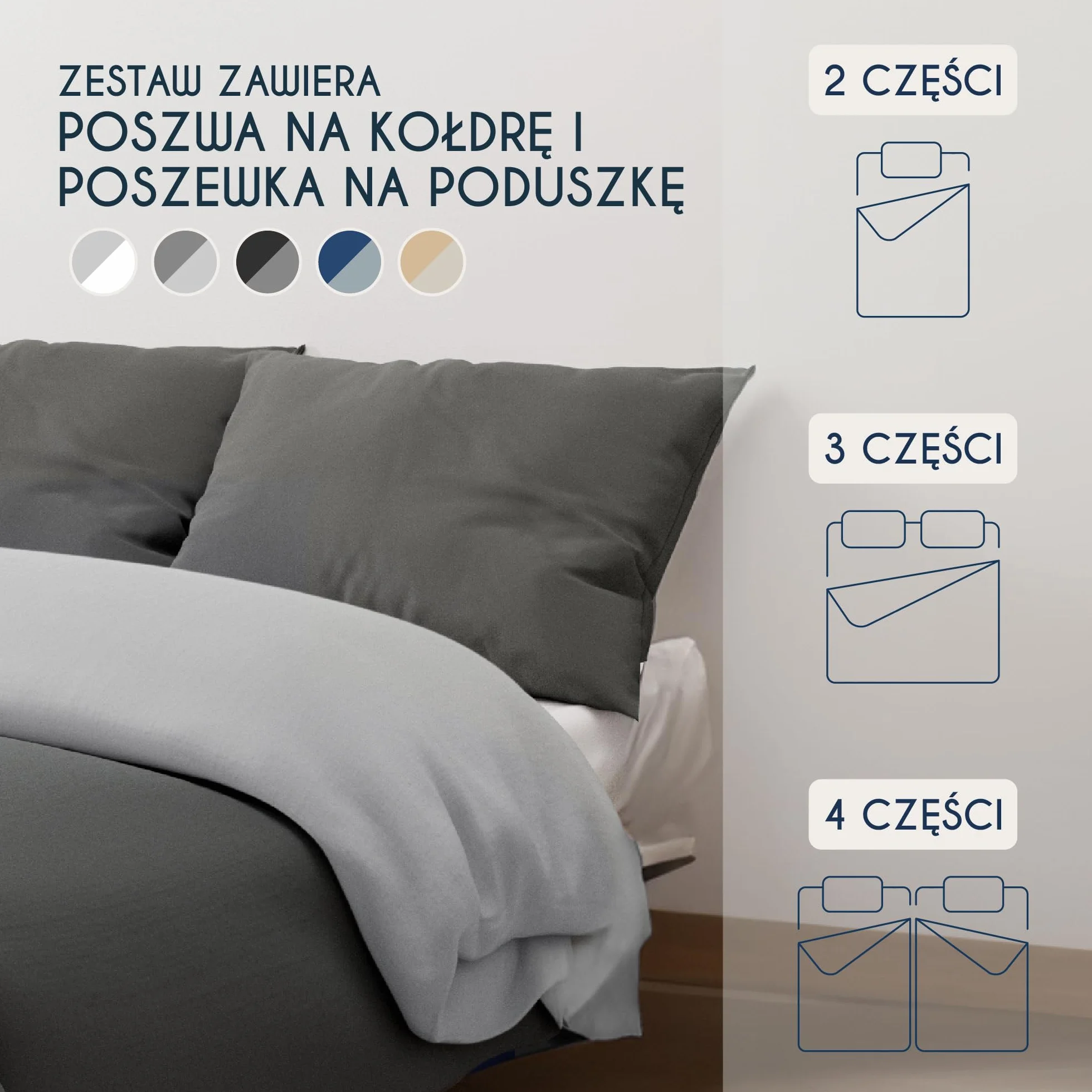 Dreamzie - 2 poszewki na kołdrę 135x200 cm z 2 poszewkami na poduszki 80x80 cm - Ciemnoszary/Jasnoszary - Zestaw pościeli 135x200 ze 100% mikrofibry - 4 sztuki - Oeko TEX