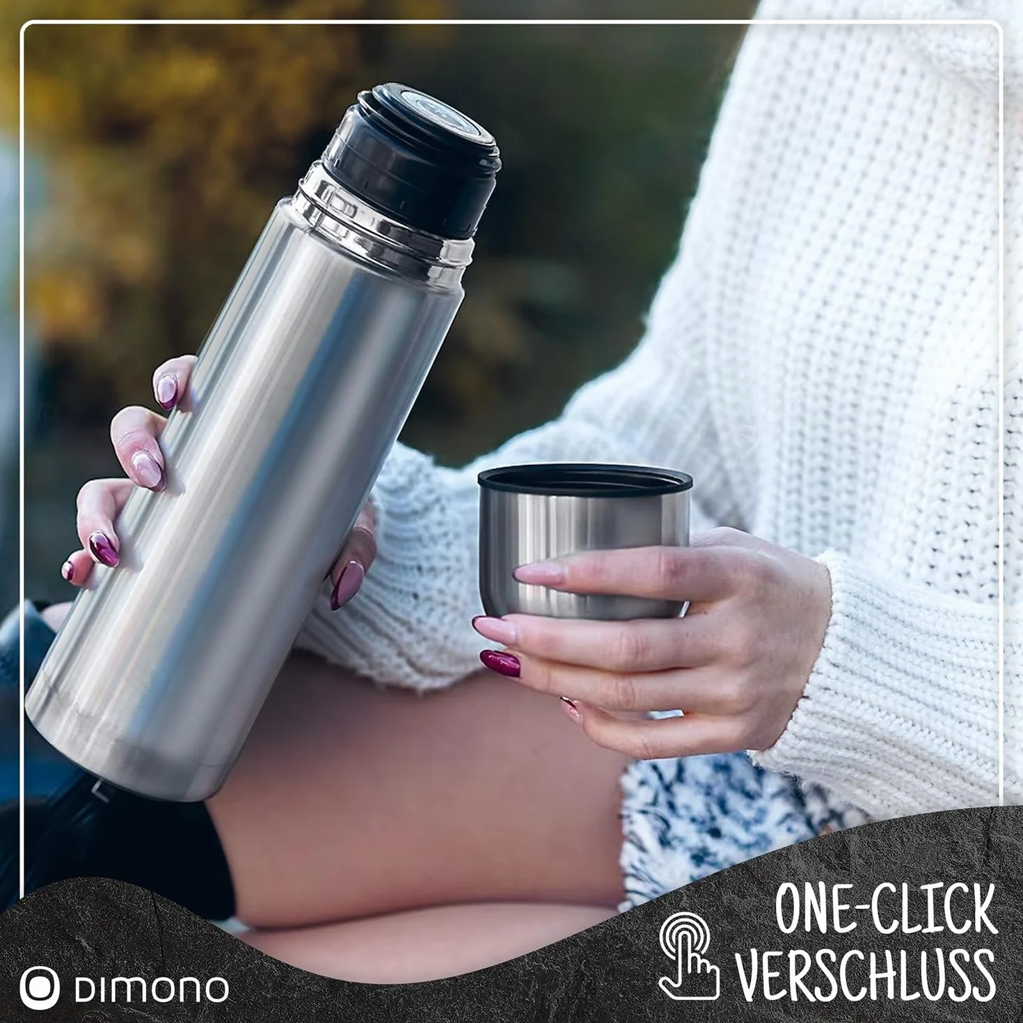 DIMONO® Termos Próżniowy ze Stali Nierdzewnej 500 ml z Kubkiem | Szczelny dzbanek termiczny bez BPA - mycie w zmywarce - zestaw z kubkiem i szczoteczką, 500 ml / 1000 ml