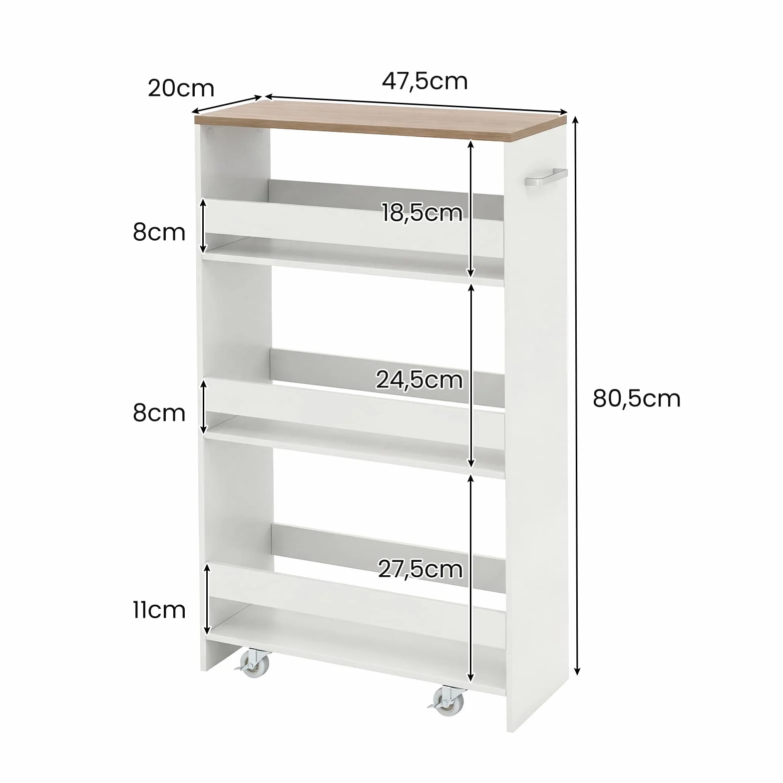 GIANTEX Wózek do wnęki z kółkami, 4 poziomy, wąski wózek serwisowy oszczędzający miejsce, do łazienki, cienki regał kuchenny 47,5 x 13 x 80,5 cm (naturalny + biały, szerokość 20 cm)