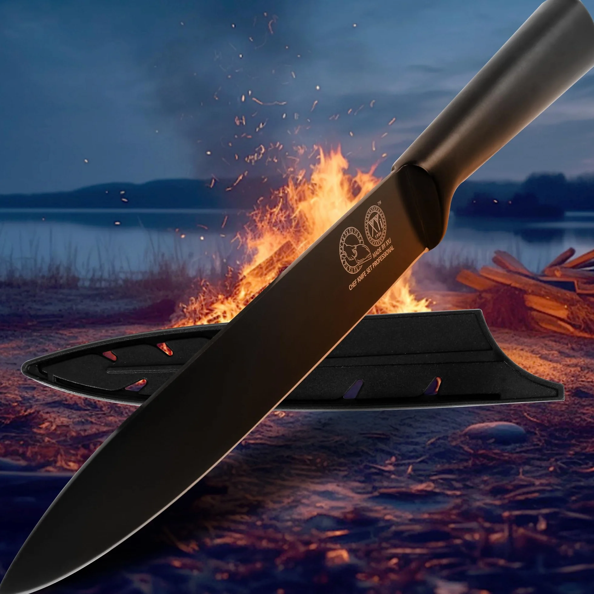 XYJ 8 Inch Professional Kitchen Knife, Full Black Japanese Chef Slicing Knife, Meat Cleaver, Vegetable Slicer Cutting Knife With Sheath, Edge Guard Protector, Outdoor Camping for Mom Dad
