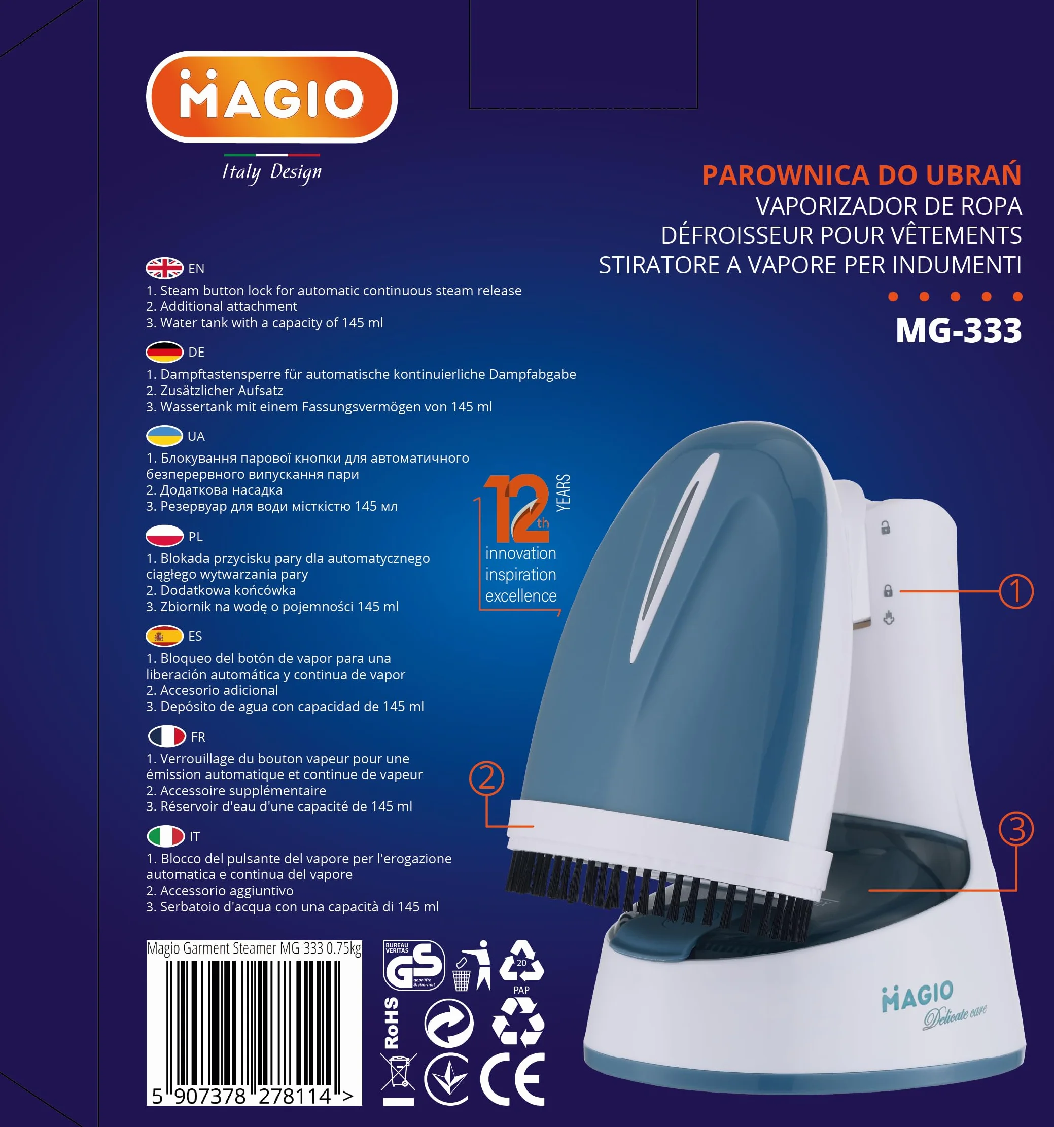 MAGIO Parownica ręczna pionowa 1500W Składana 150 ml