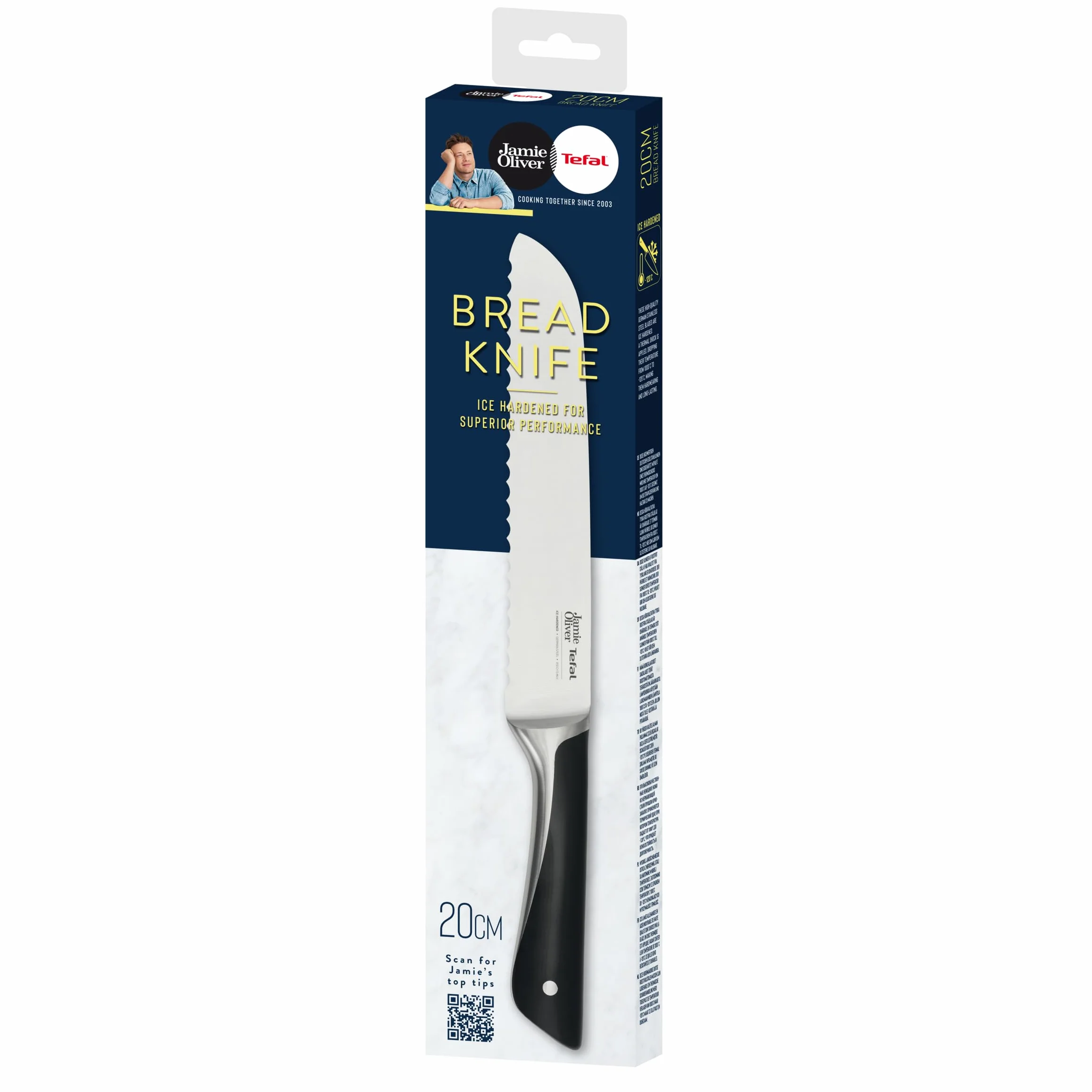 Jamie Oliver by Tefal K26703 nóż do chleba, 20 cm, wysoka wydajność cięcia, niepowtarzalny design, wytrzymałe i trwałe ostrza, stal nierdzewna/czarny