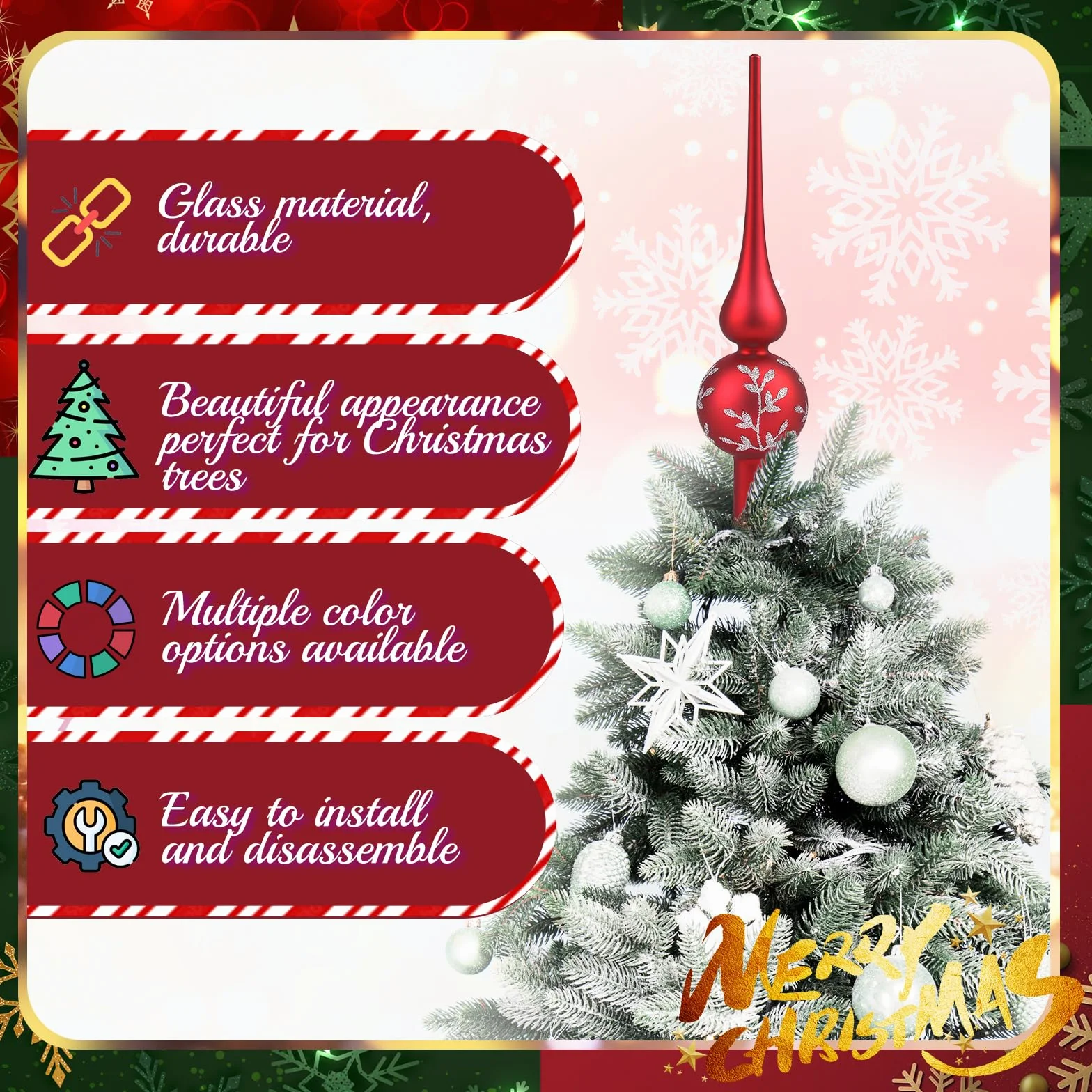 Czubek na Choinkę Szkło, Czerwony Nakładka na Choinkę 26 cm, Szklany Błyszczący Choinka Topper Ozdoba Choinkowa, Dekoracja Bożonarodzeniowa - Czerwony Matowy