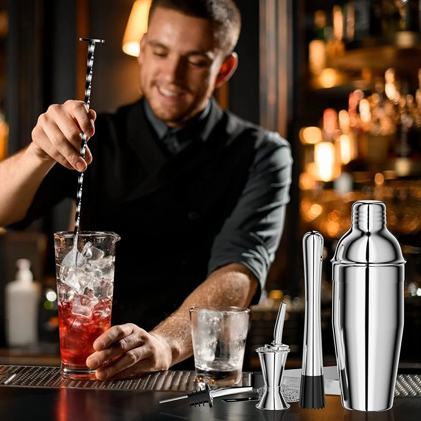 Gvolatee Zestaw koktajlowy 750 ml, 8 elementów ze stali nierdzewnej Shaker Mixer, profesjonalne akcesoria barmańskie, z Shakerem, podwójną miarką, łyżką, nalewakiem, do domu, mieszania drinków, baru, na imprezy (srebrny)