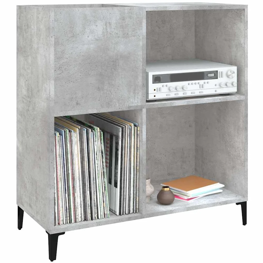 Szafa panelowa, betonowa, szara, 84,5 x 38 x 89 cm, materiał drewnopochodny z metalowymi nogami, dużo miejsca do przechowywania płyt winylowych LP, witryna, szafka pomocnicza, do salonu lub
