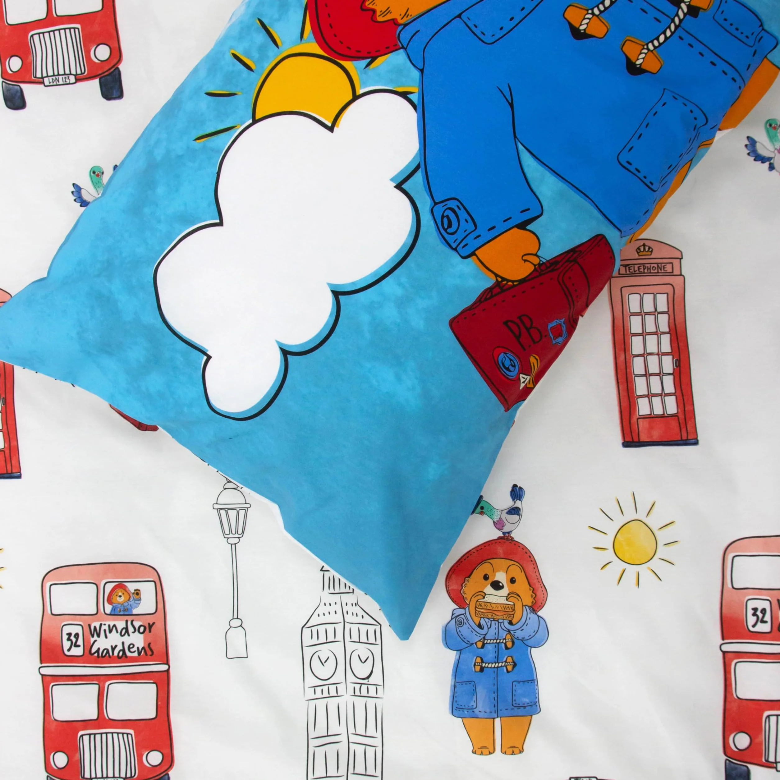 Character World Oficjalny zestaw poszewek na kołdrę Paddington Bear™ | 2-stronna dwustronna konstrukcja stacji, dopasowana poszewka na poduszkę, zestaw na pojedyncze łóżko, biały i niebieski, bawełna