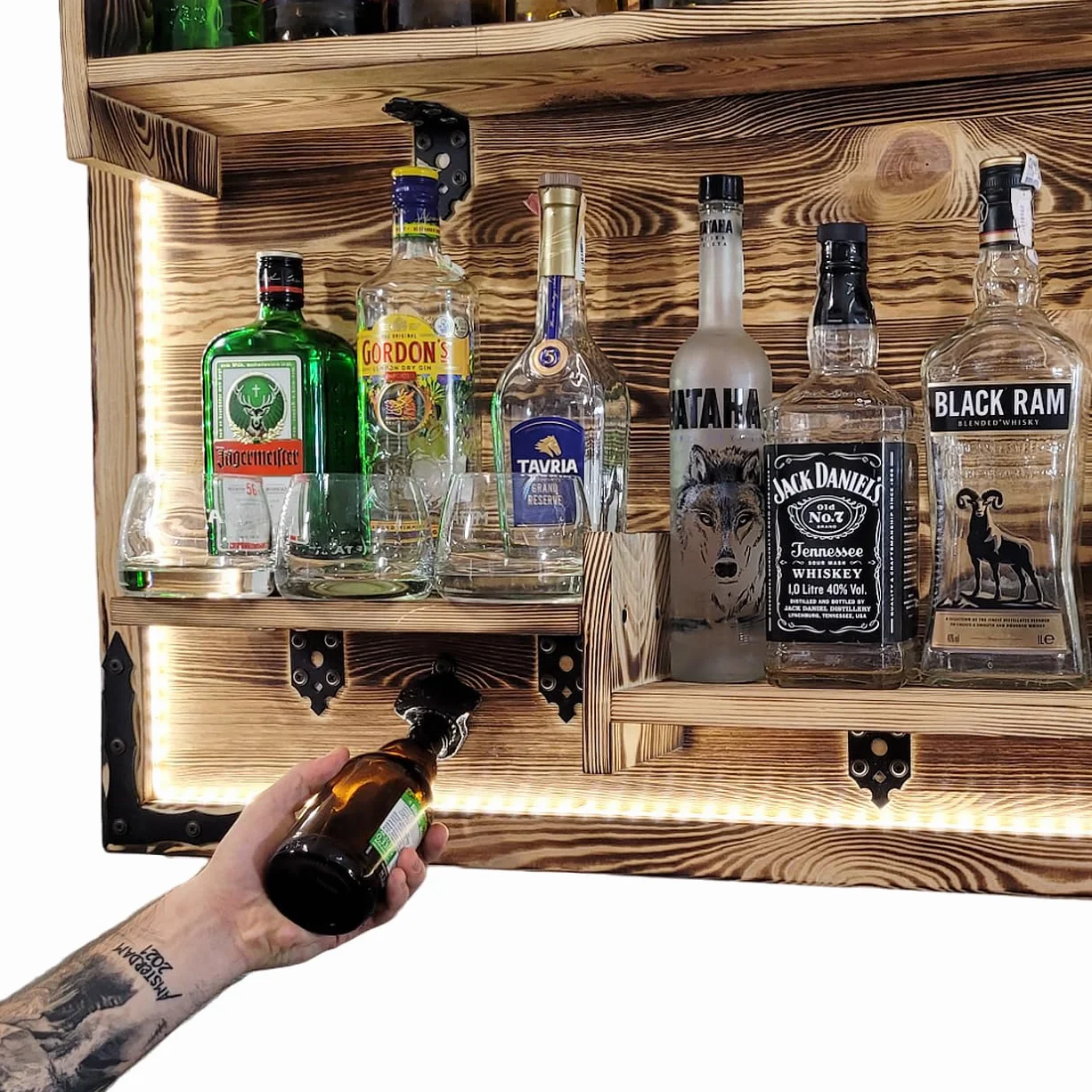 weeco Regał wiszący na ścianie, oświetlenie LED, rustic alkoholowy stojak, regał ścienny, stojak na whisky