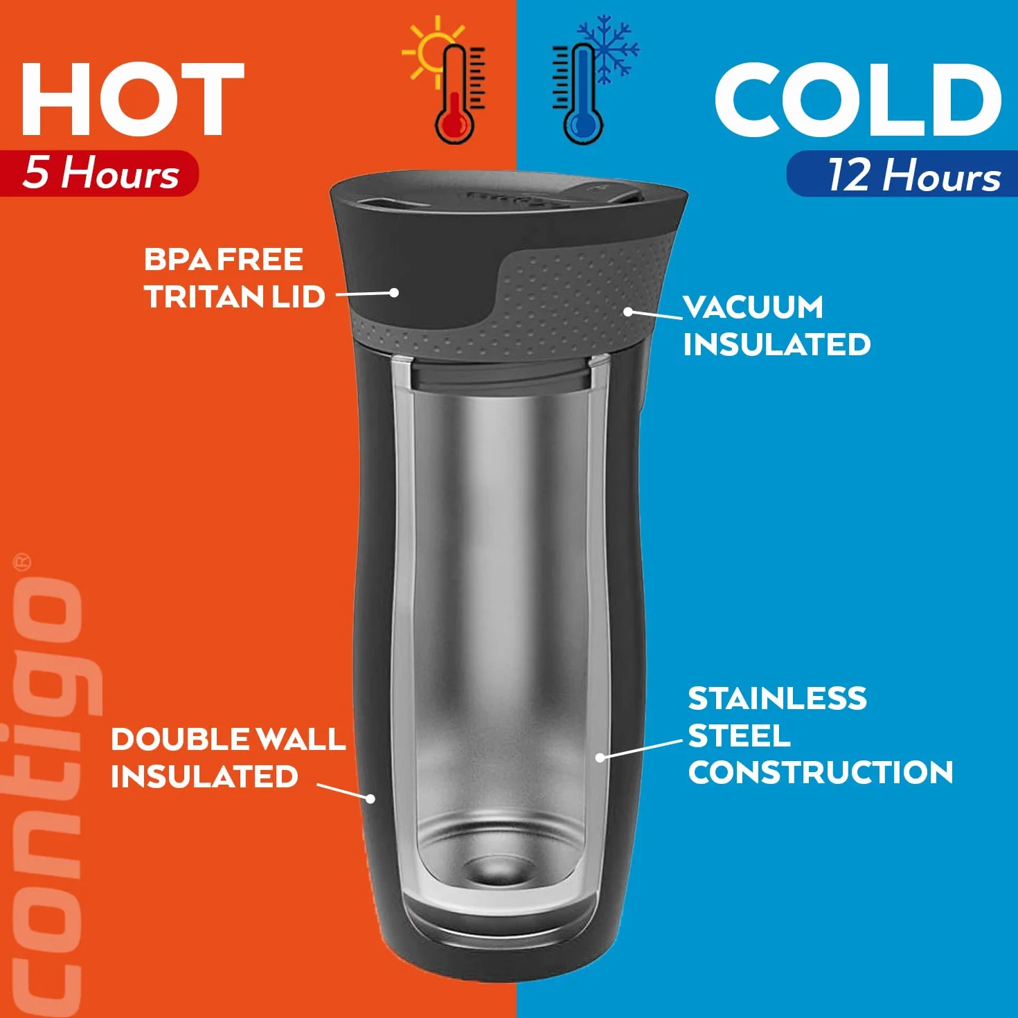 Contigo West Loop Autoseal Thermal Mug, kubek termiczny ze stali nierdzewnej, izolowany kubek do kawy, nie zawiera BPA, odporny na wycieki, z pokrywką Easy-Clean, utrzymuje do 5 godzin, 470 ml