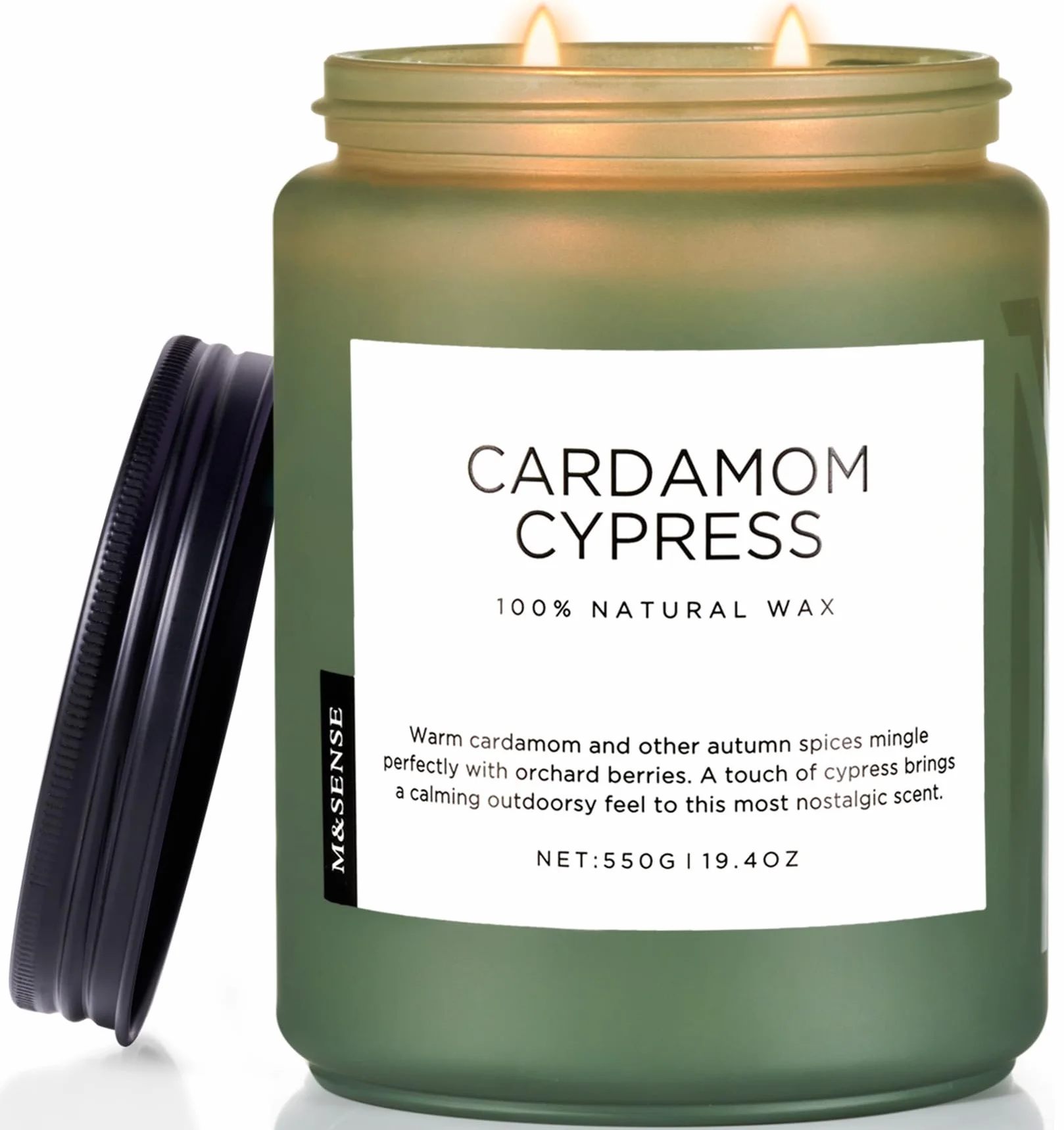 M&SENSE Kardamon & Cyprys Świeca zapachowa w szkle 2-knotowa 550g Świeca z wosku sojowego 110 godz. czasu palenia czysta nietoksyczna świeca jesienna do wystroju wnętrz CardamomCypress