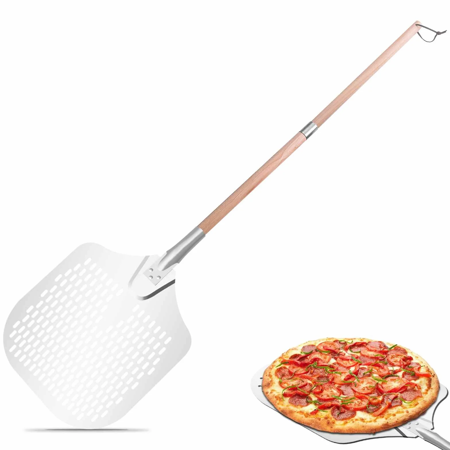 Gute Perforowana łopatka do pizzy, łopatka do pizzy, z twardego aluminium, 3-częściowy zestaw 138 cm długości, duża łopatka do pizzy ze zdejmowanym długim drewnianym uchwytem, łopatka do pizzy do