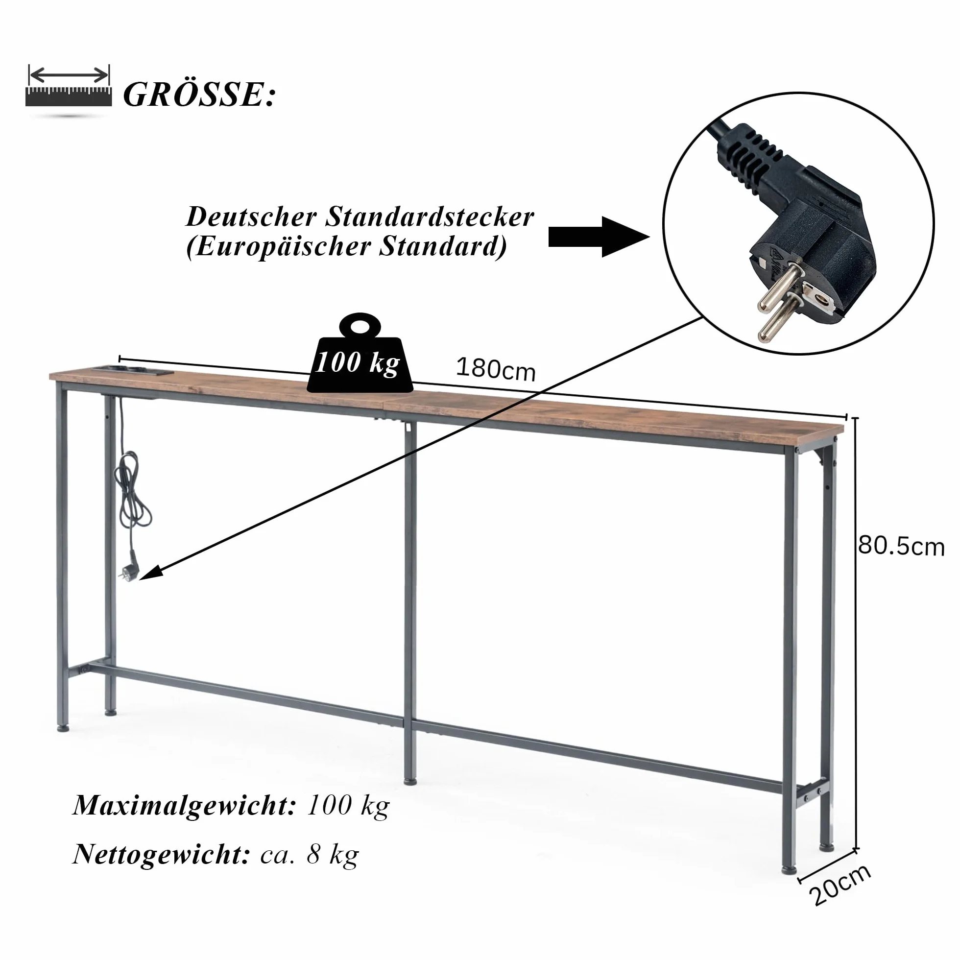 Stolik konsolowy wąski, 180 cm szerokości, stolik konsolowy z gniazdkiem, wąski stolik pomocniczy, sofa do wejścia, korytarza, werandy, na balkon, meble, brązowy i czarny, 180 x 20 x 80 cm, 1 sztuka