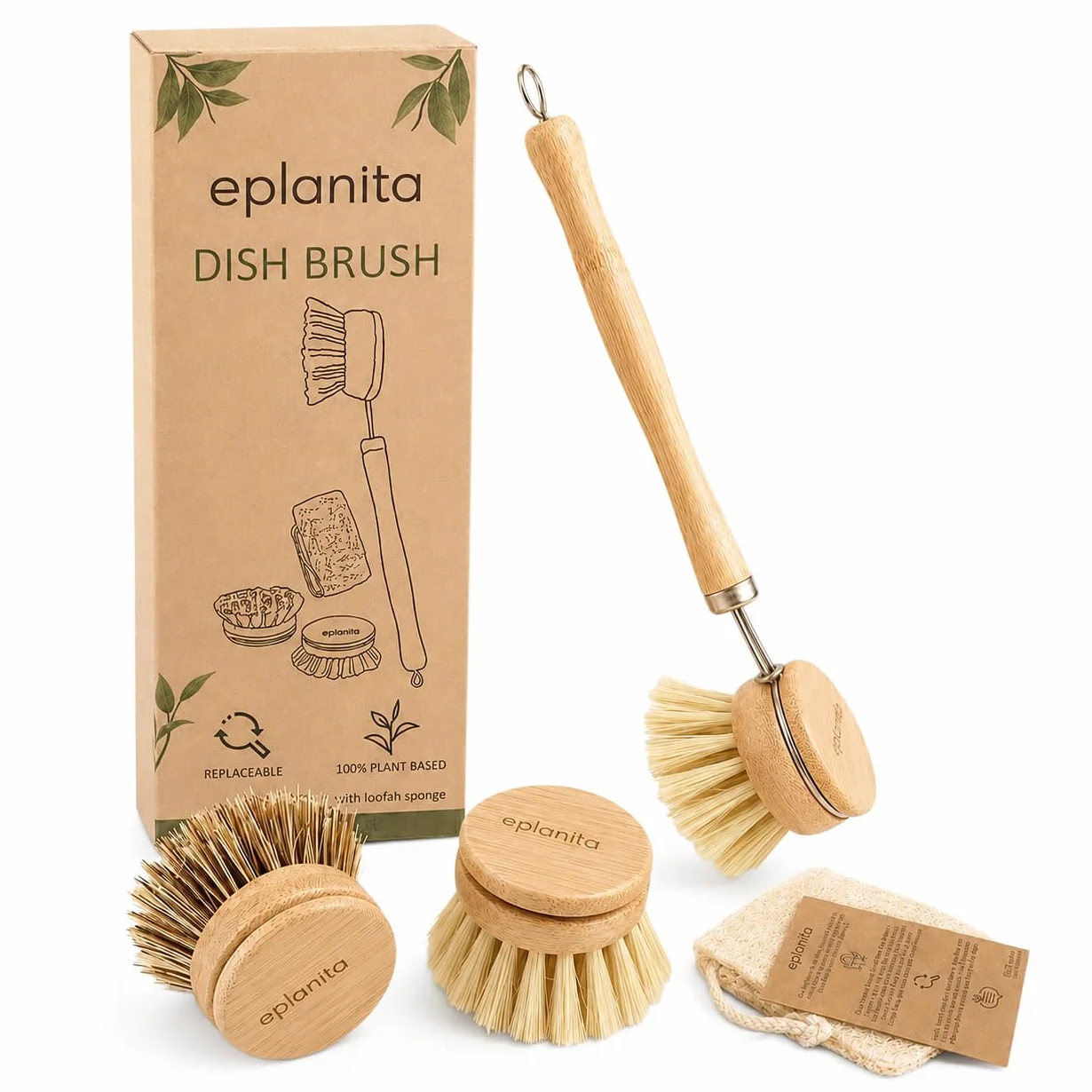 eplanita Naturalna Bambusowa Szczotka do Naczyń z Ergonomicznym Uchwytem i 3 Wymiennymi Końcówkami – Gąbka Roślinna, do Garnków, Patelni i Zlewu, bez Plastiku, Zero Waste
