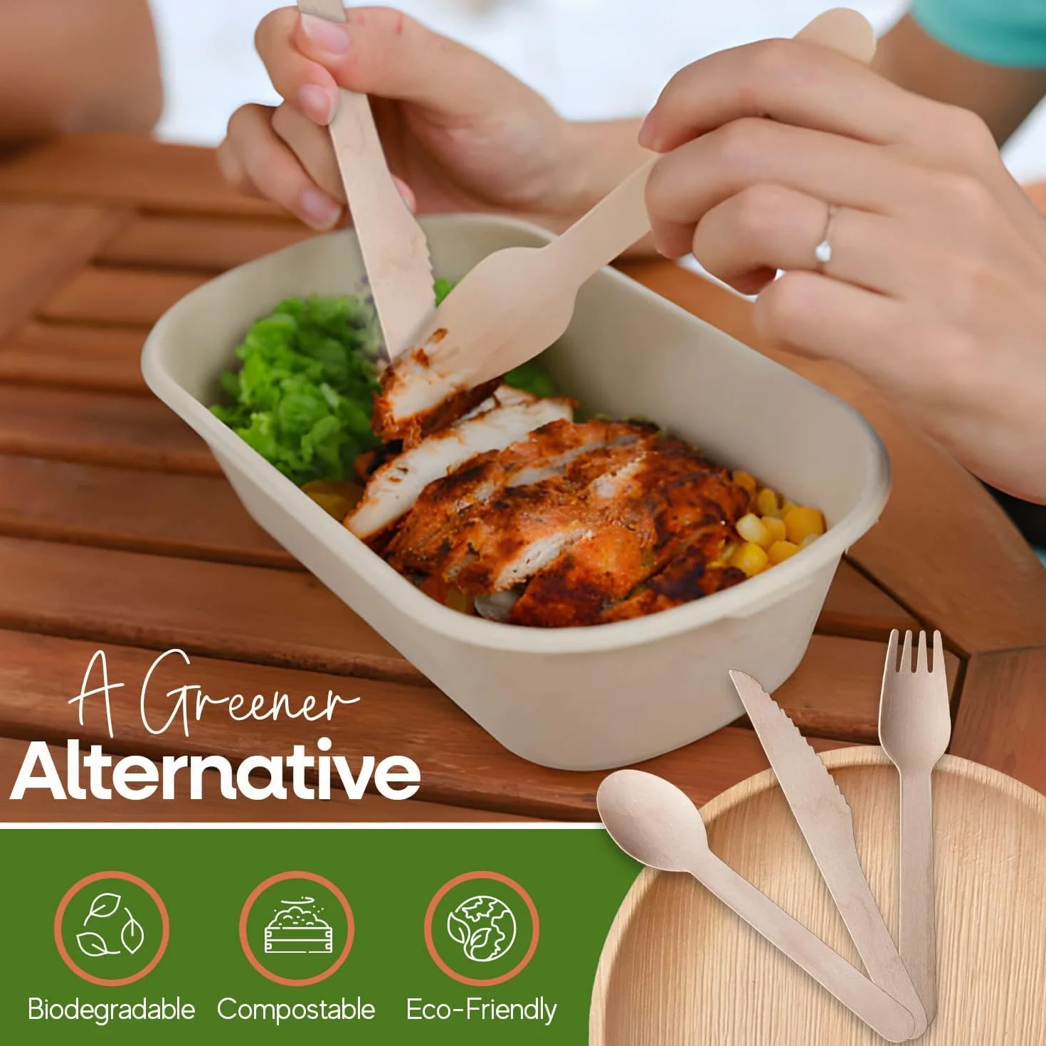 FOOGO Green Jednorazowy zestaw drewnianych sztućców, certyfikat FSC®, widelce, łyżki, noże, 16 cm, przyjazny dla środowiska, biodegradowalny, kompostowalny, ekologiczny zestaw sztućców, impreza