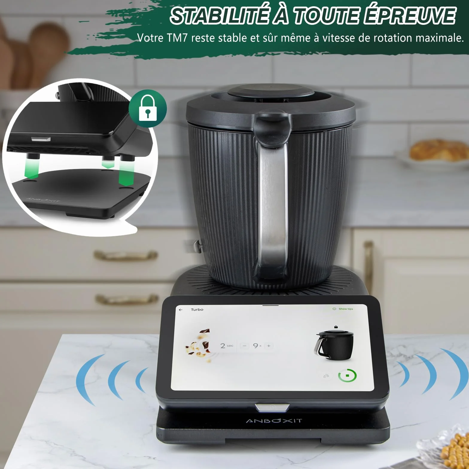 ANBOXIT Deska przesuwna TM7 do Thermomix, Deska do Thermomix z rolkami, Łatwa przesuwna bambusowa deska/slider - Czarny