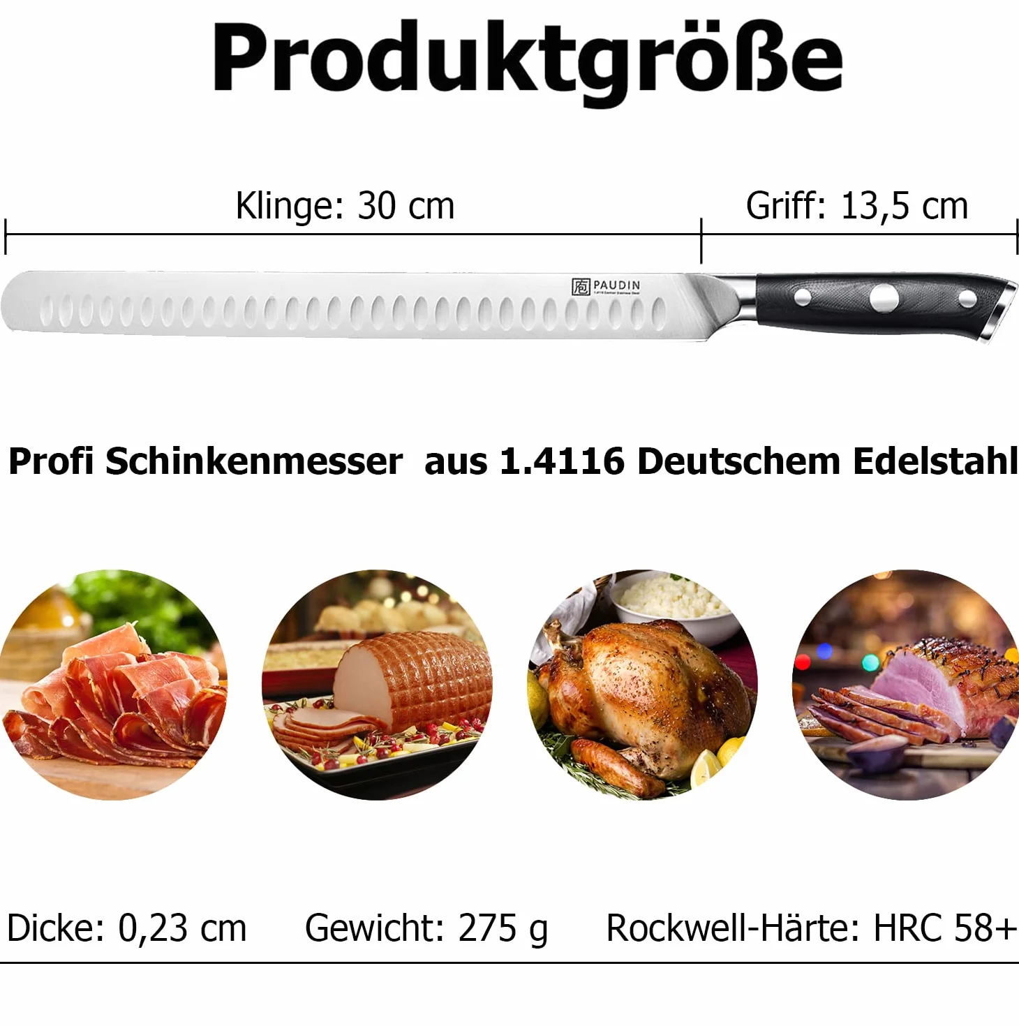 PAUDIN Nóż do szynki 30 cm, nóż do cięcia, profesjonalne ostrze kuchenne ze stali nierdzewnej, noże szefa kuchni odpowiednie do wędzonych pieczeń, indyka, łososia, chleb