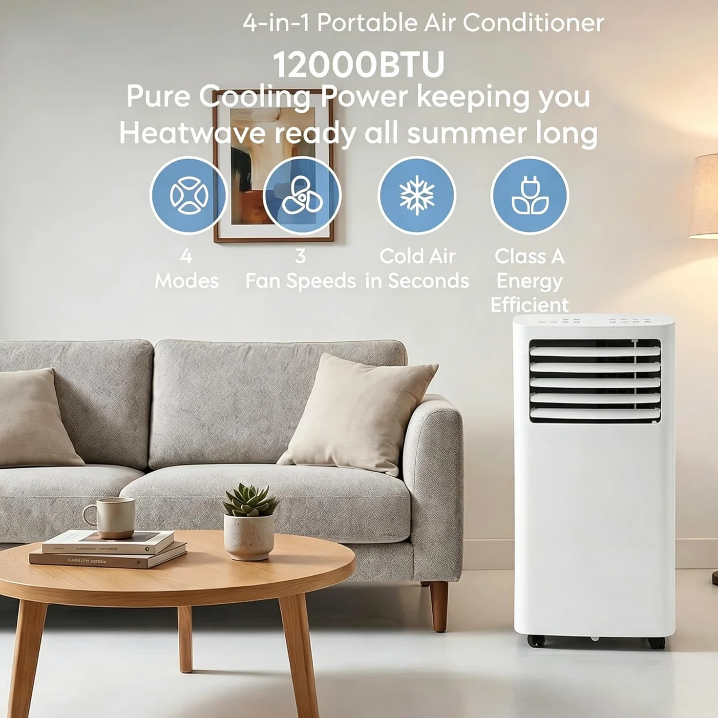 12000 BTU Przenośny klimatyzator 4-w-1 z osuszaczem Wentylator Tryb uśpienia, 24H Timer, Zestaw wydechowy, Wózek kołowy do sypialni Do 30m2