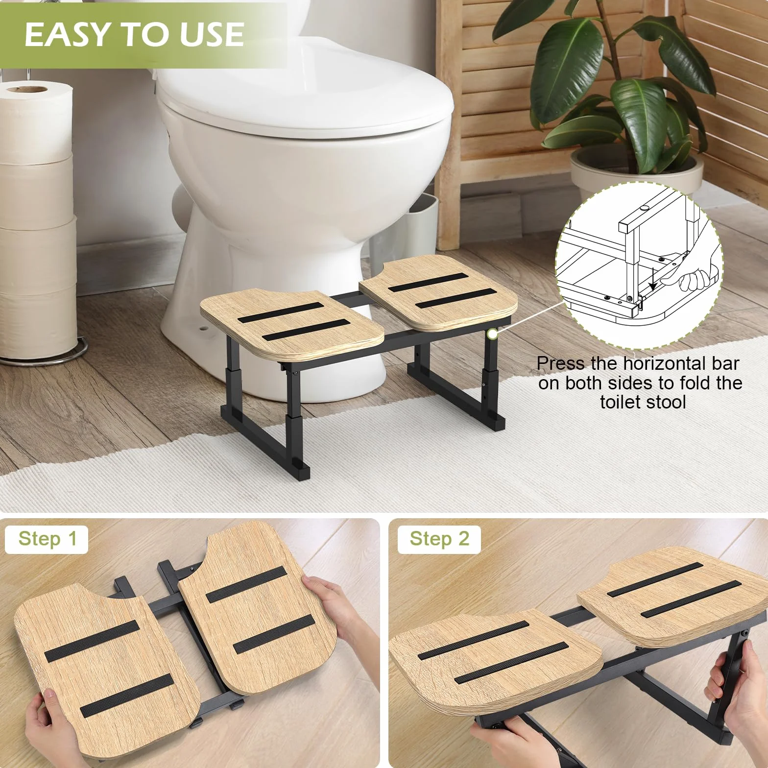 LIANTRAL Taboret toaletowy dla dorosłych, antypoślizgowy, składany stołek z drewna i metalu, ergonomiczny taboret toaletowy do łazienki, taboret toaletowy na hemoroidy, wzdęcia brzucha, zaparcia