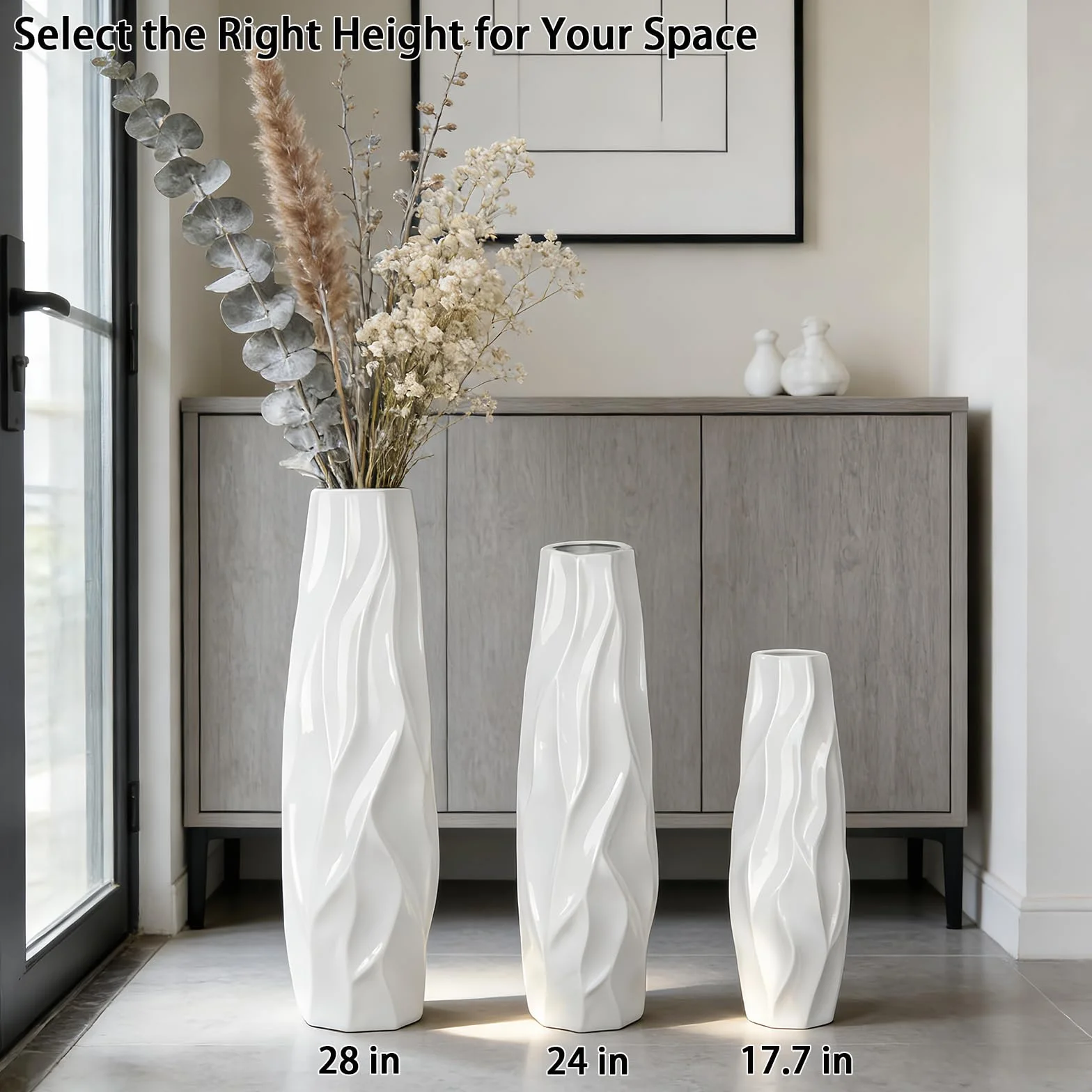 Duży biały wazon ceramiczny, 60 cm, dekoracyjny wazon podłogowy do salonu, biura i sypialni, stylowy wazon na kwiaty na trawę pampasową