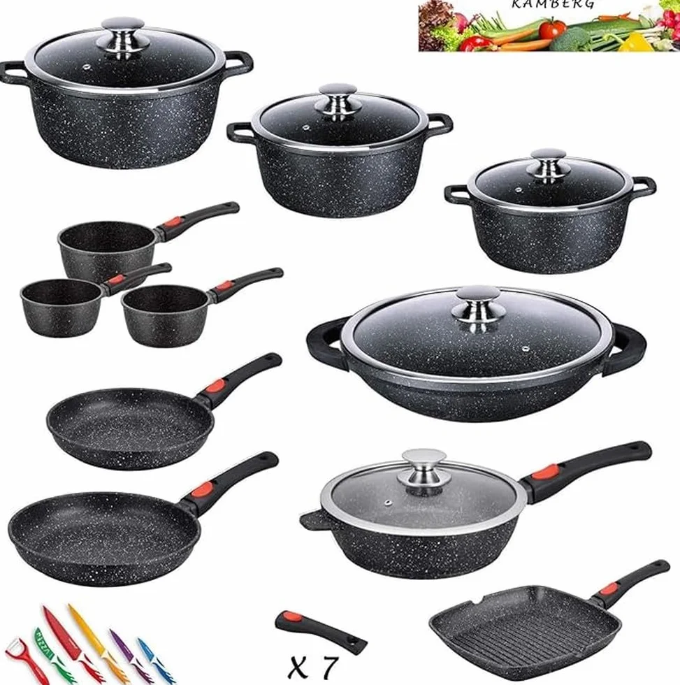 KAMBERG - Zestaw naczyń kuchennych 27-częściowy - odlew aluminiowy - okładzina kamienna - wszystkie palniki, w tym indukcja - zdejmowany uchwyt bez PFOA, 67 x 36 x 34 cm