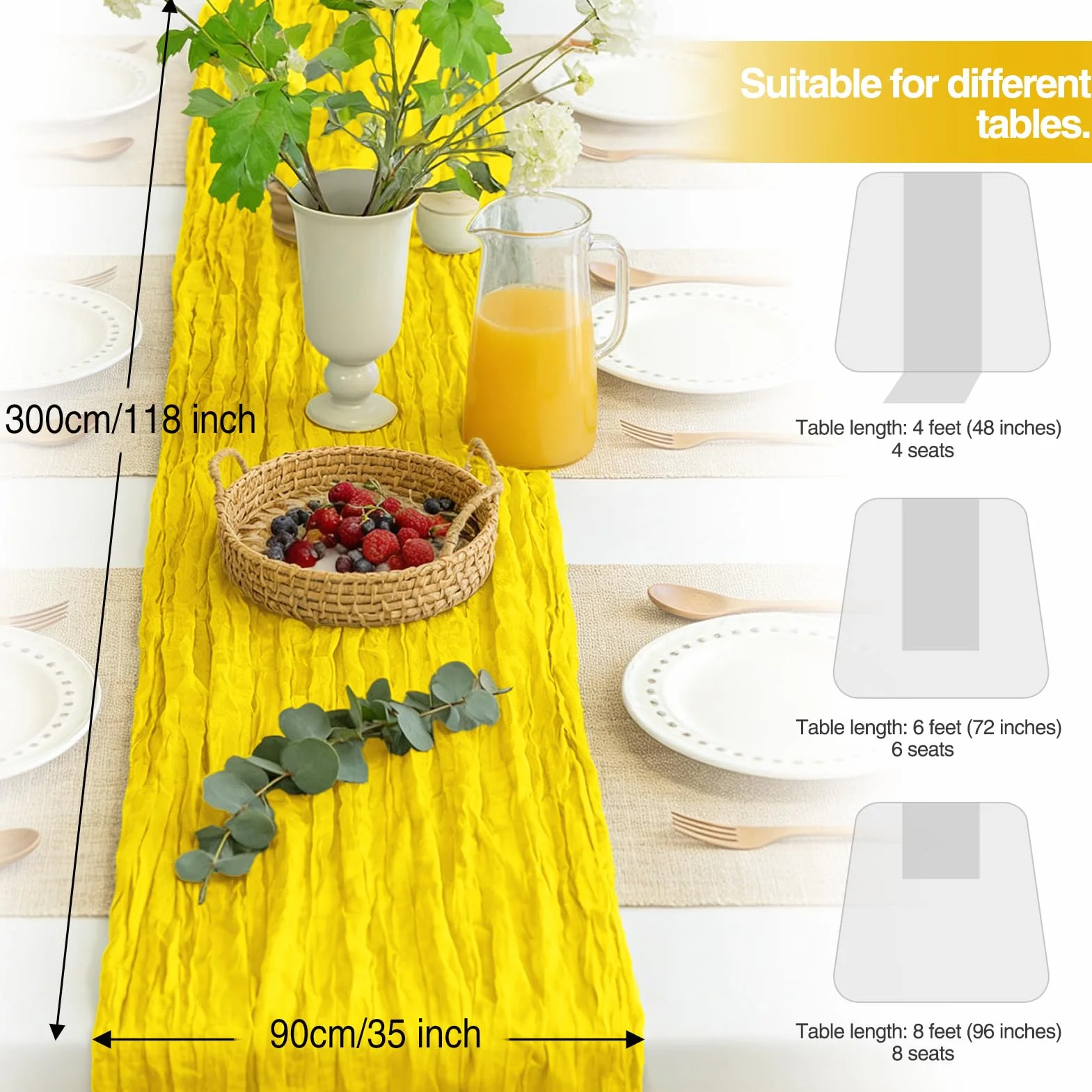 Bieżnik z Gazy Żółty, 300 x 90 CM Bieżnik Stylu Boho Wesela Przyjęcia Urodzinowe, Baby Shower, Boże Narodzenie i Sylwestra Dekoracja Stołu