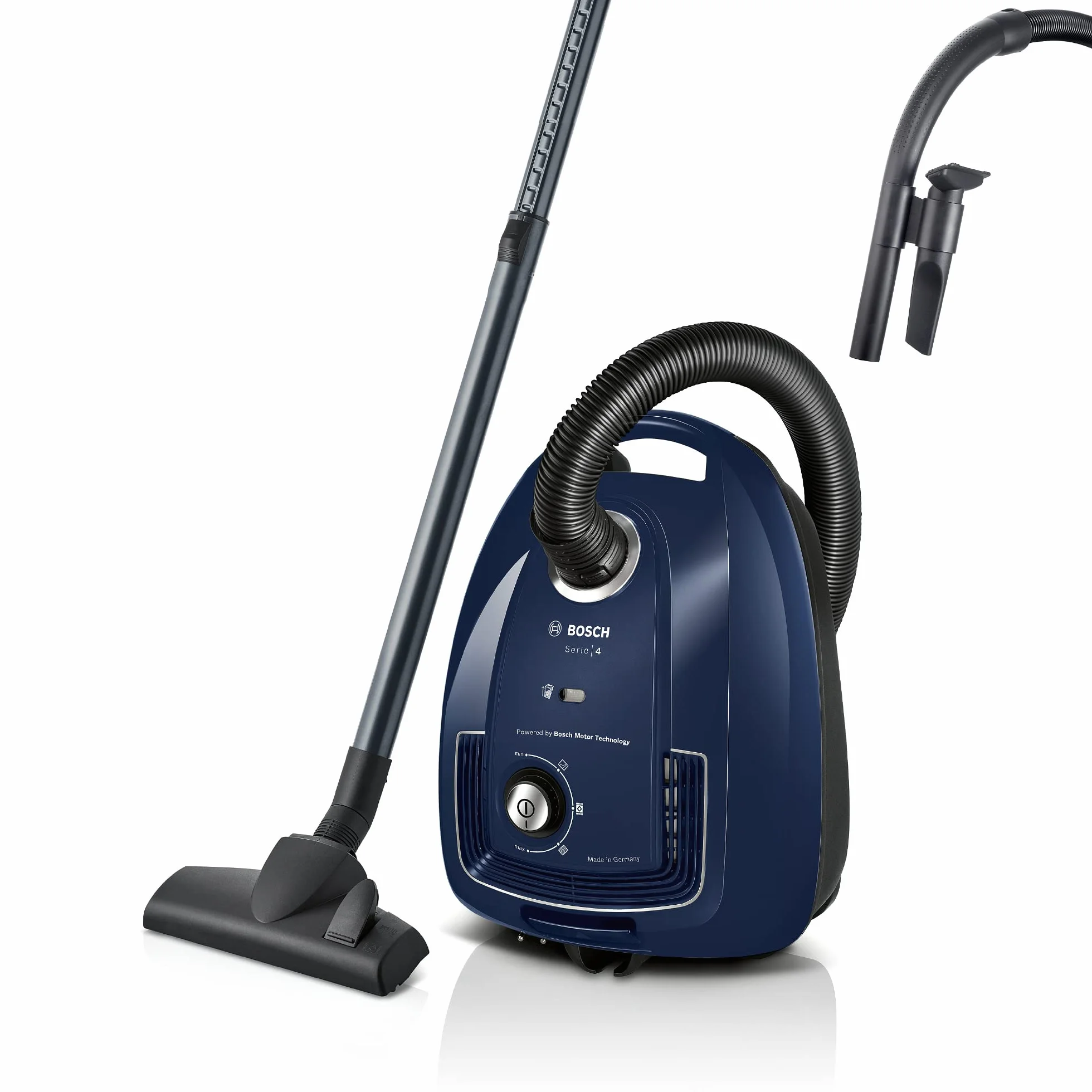 Bosch Odkurzacz z workiem serii 4 BGD38BU2, zrównoważony, filtr higieniczny, silnik 10 lat, klips na akcesoria, dysza do tapicerki, ssawka szczelinowa, wysoka siła ssąca, Made in Germany, 600 W,