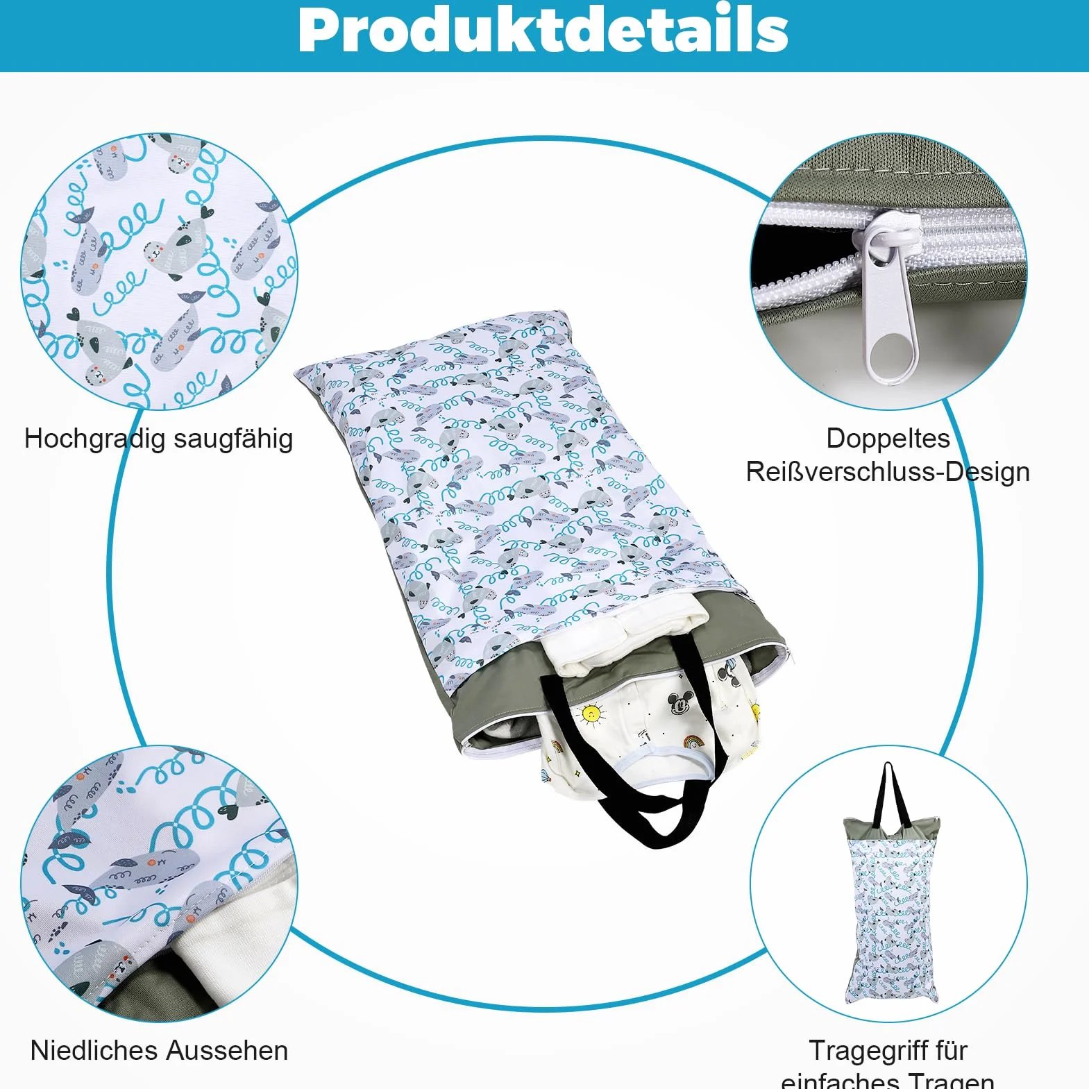 Pilipane Wetbag duża wodoszczelna kieszeń na mokro z podwójnym zamkiem błyskawicznym, do przechowywania suchych i mokrych ubrań, torba na pieluchy, torba na pieluchy w podróży, niebieski, Casualowa